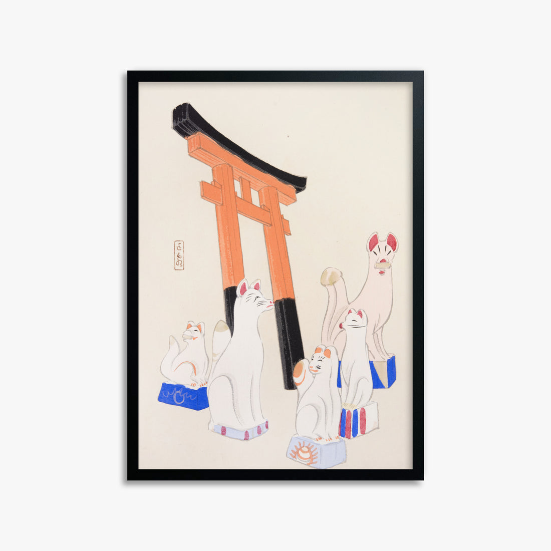 Kawasaki Kyosen: Kyosen’s Collected Illustrations of Japanese Toys Nr. 49 ("Guardian Foxes of Torii Gate"), 50x70cm Framed Art Reproduction With Black Frame