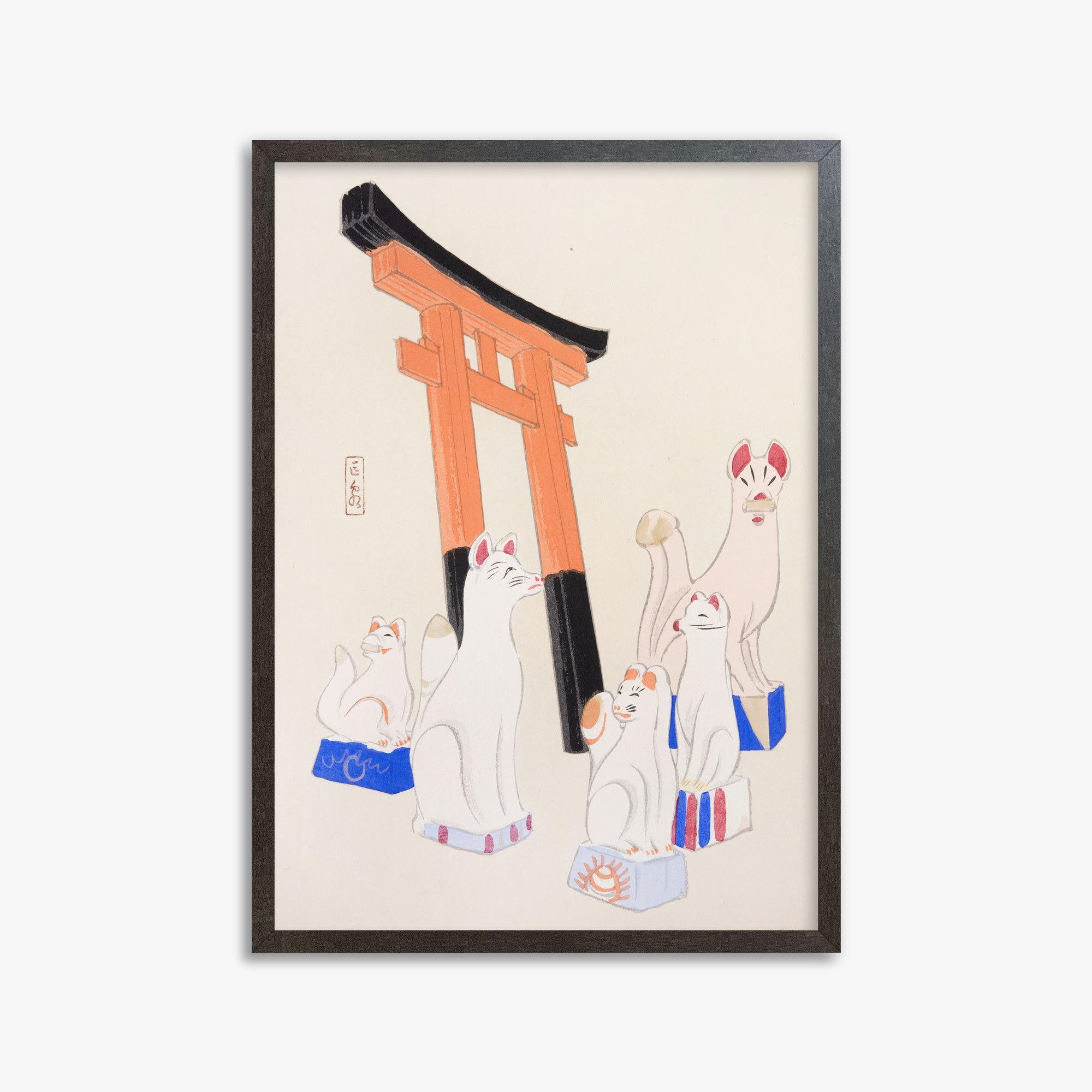 Kawasaki Kyosen: Kyosen’s Collected Illustrations of Japanese Toys Nr. 49 ("Guardian Foxes of Torii Gate"), 50x70cm Framed Art Reproduction With Espresso Frame