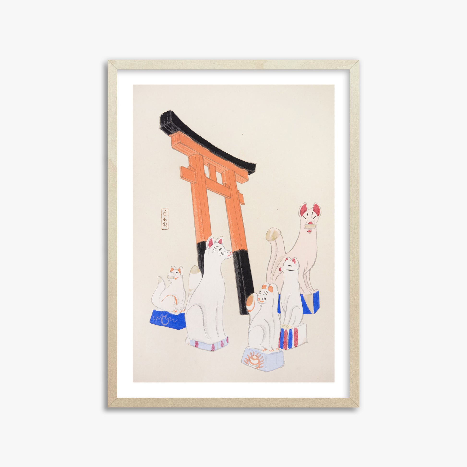 Kawasaki Kyosen: Kyosen’s Collected Illustrations of Japanese Toys Nr. 49 ("Guardian Foxes of Torii Gate"), 50x70cm Framed Art Reproduction With Lime Wood Frame