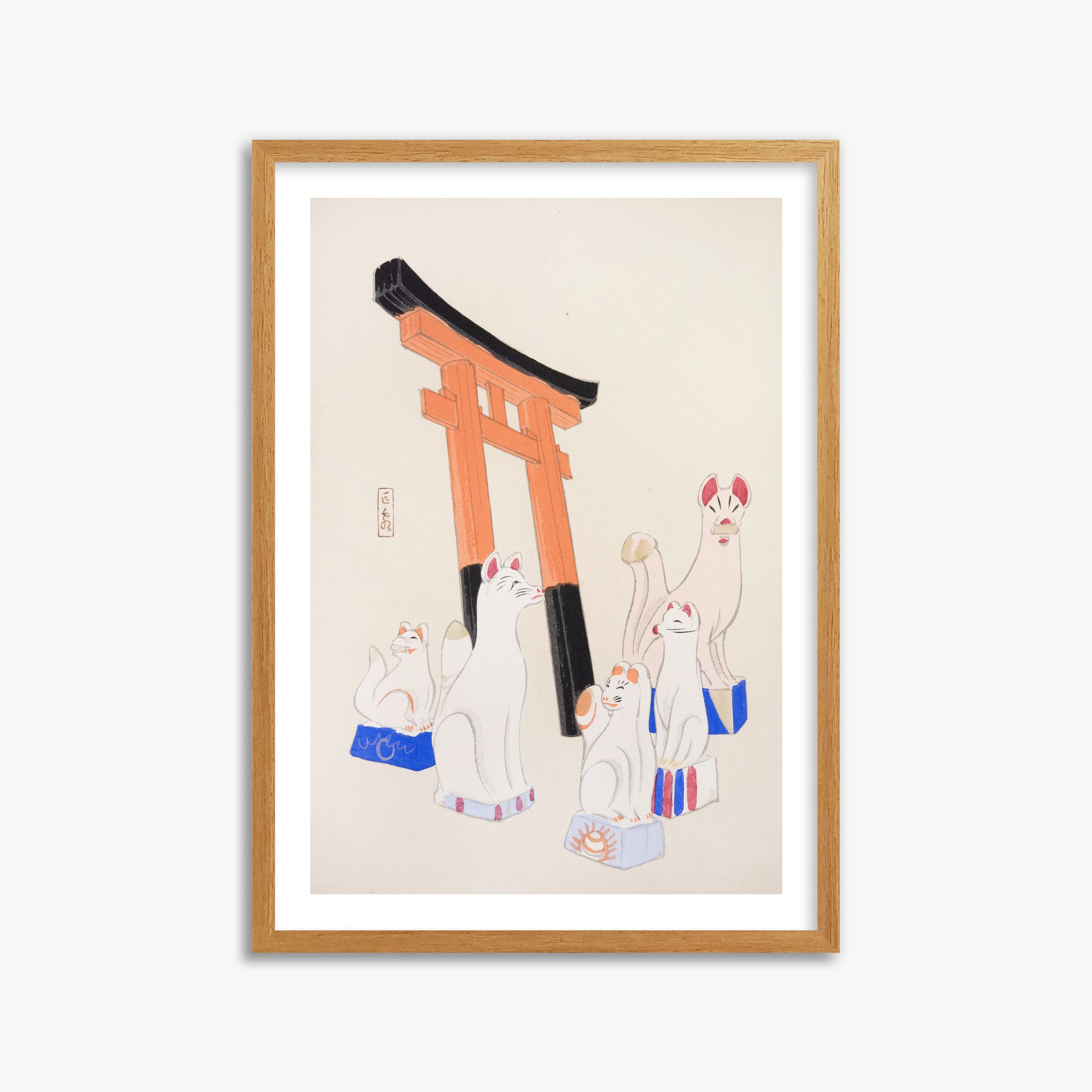 Kawasaki Kyosen: Kyosen’s Collected Illustrations of Japanese Toys Nr. 49 ("Guardian Foxes of Torii Gate"), 50x70cm Framed Art Reproduction With Oak Frame