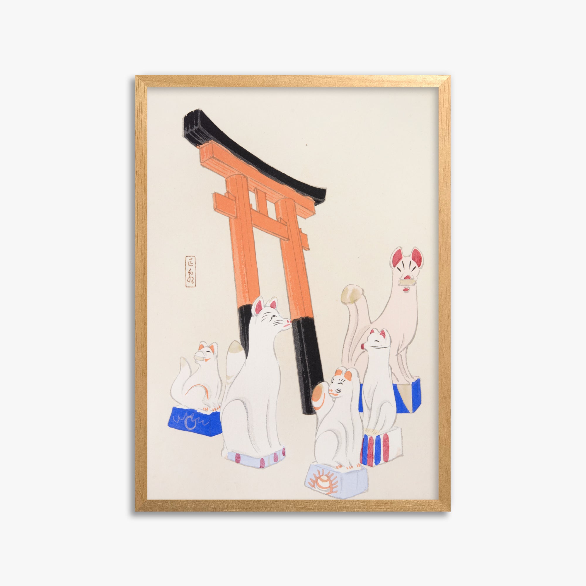 Kawasaki Kyosen: Kyosen’s Collected Illustrations of Japanese Toys Nr. 49 ("Guardian Foxes of Torii Gate"), 50x70cm Framed Art Reproduction With Oak Frame