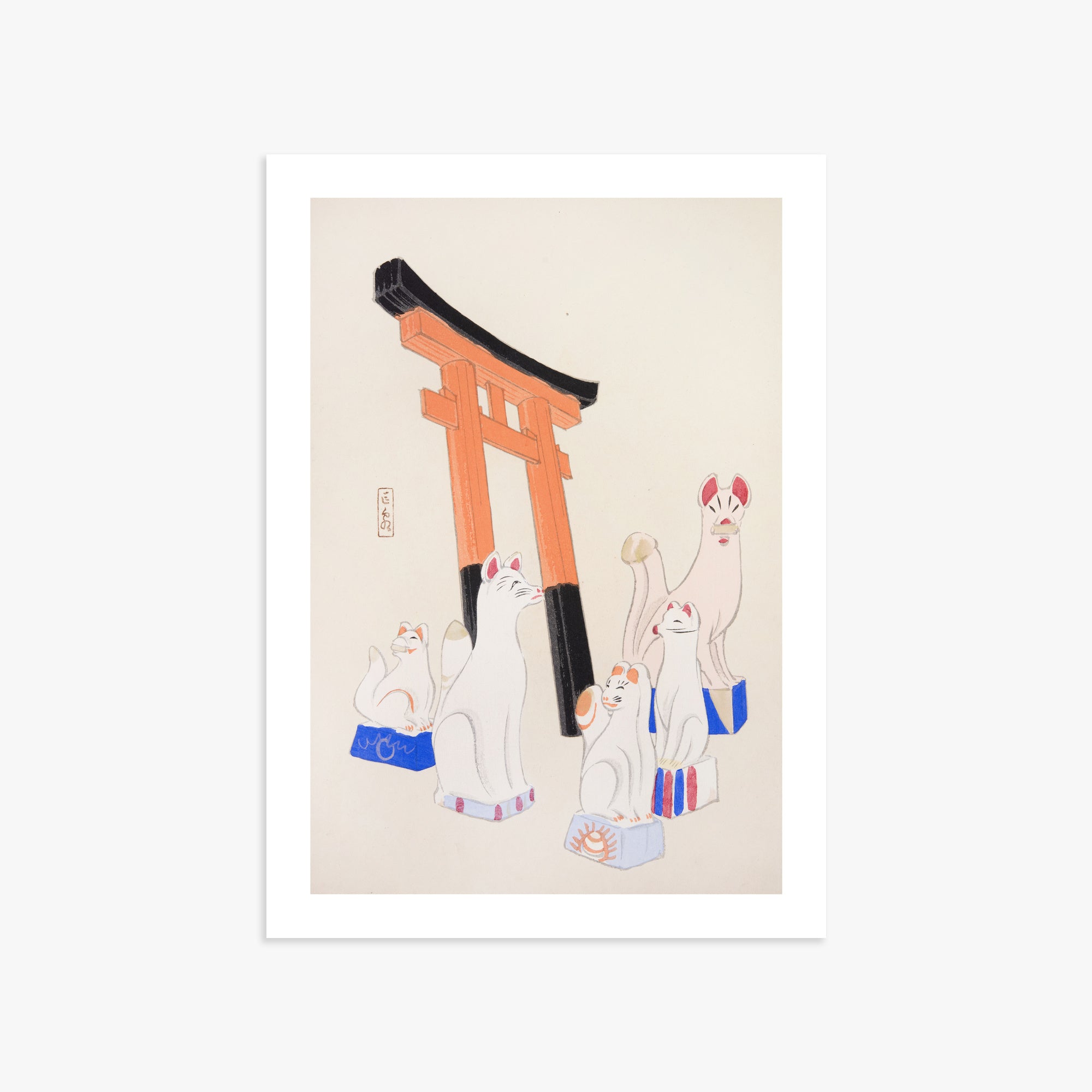 Kawasaki Kyosen: Kyosen’s Collected Illustrations of Japanese Toys Nr. 49 ("Guardian Foxes of Torii Gate"), 50x70cm Art Reproduction Unframed