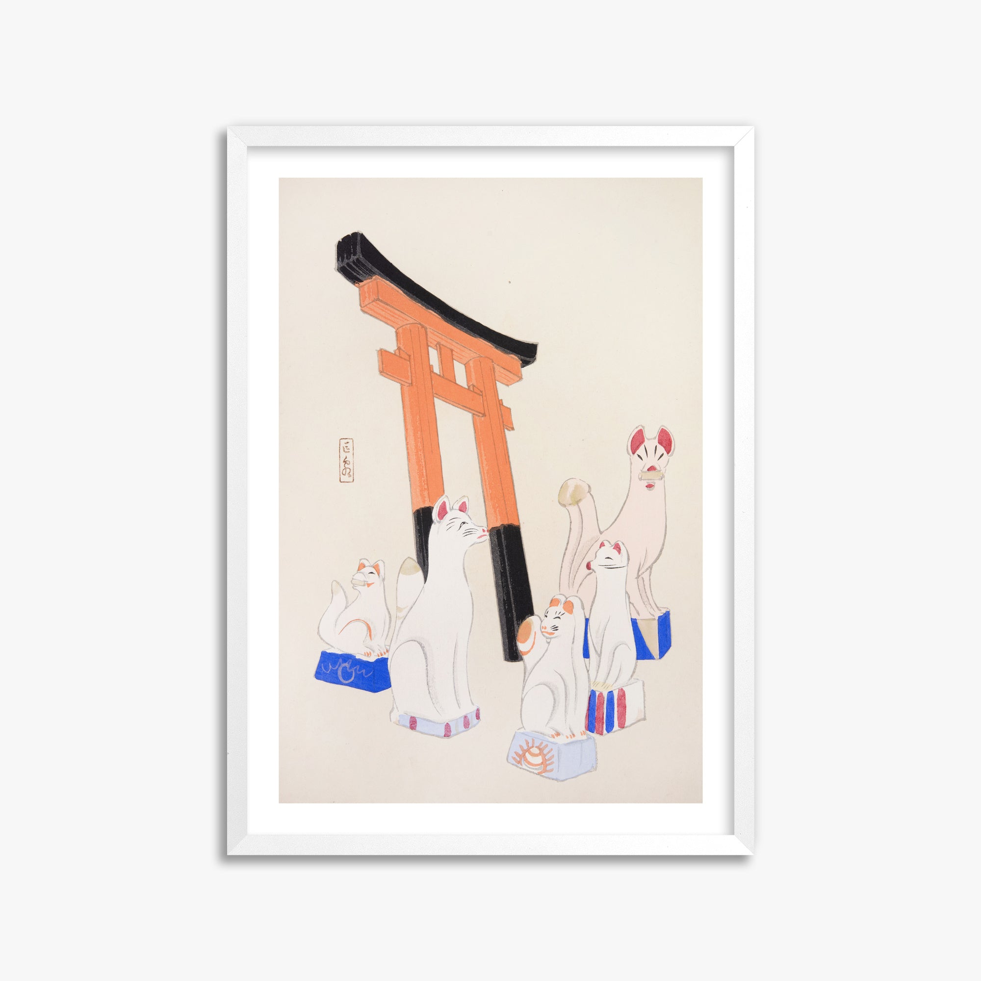Kawasaki Kyosen: Kyosen’s Collected Illustrations of Japanese Toys Nr. 49 ("Guardian Foxes of Torii Gate"), 50x70cm Framed Art Reproduction With White Frame
