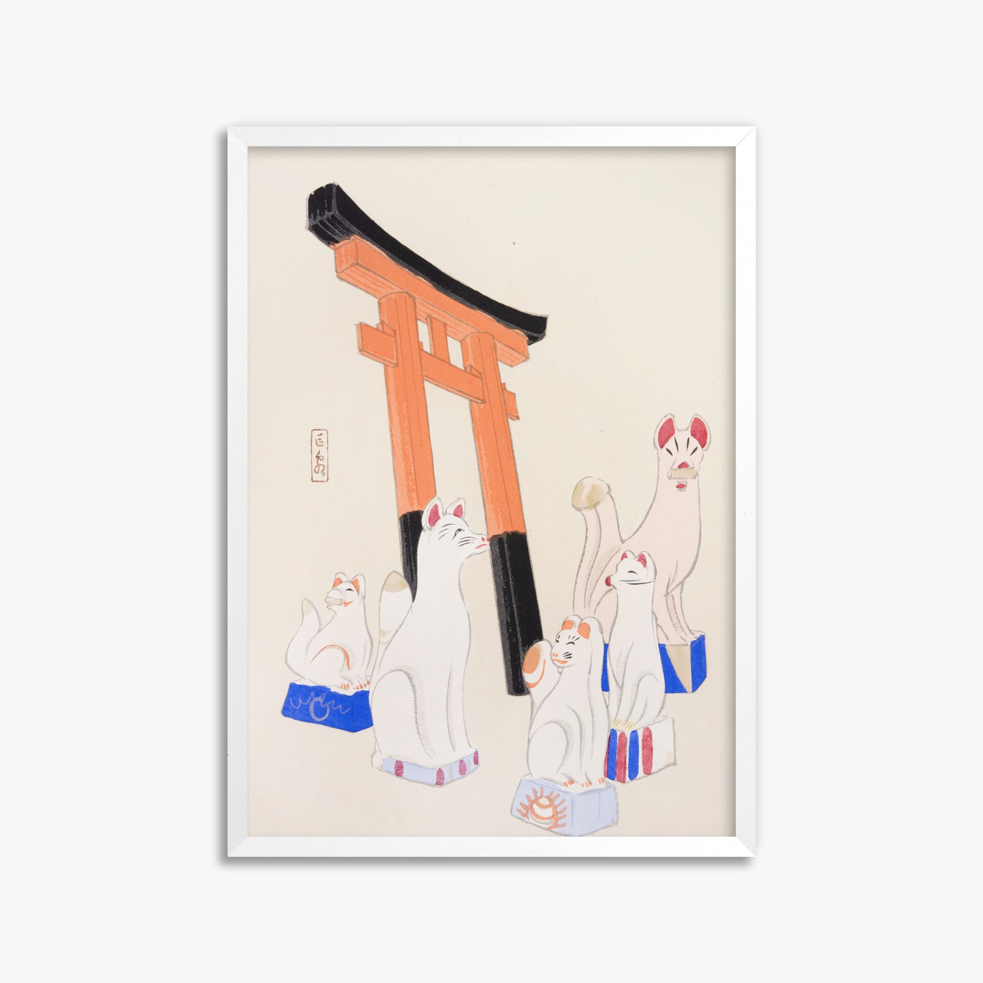 Kawasaki Kyosen: Kyosen’s Collected Illustrations of Japanese Toys Nr. 49 ("Guardian Foxes of Torii Gate"), 50x70cm Framed Art Reproduction With White Frame