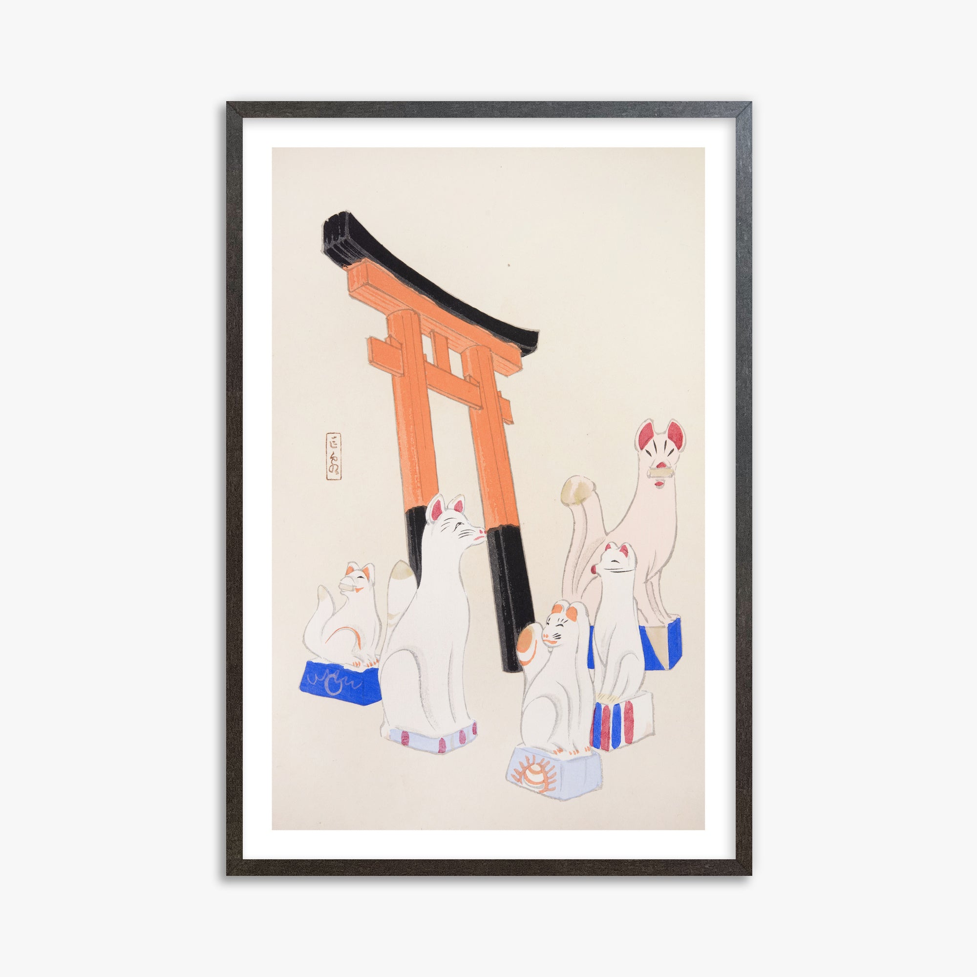Kawasaki Kyosen: Kyosen’s Collected Illustrations of Japanese Toys Nr. 49 ("Guardian Foxes of Torii Gate"), 61x91cm Framed Art Reproduction With Espresso Frame
