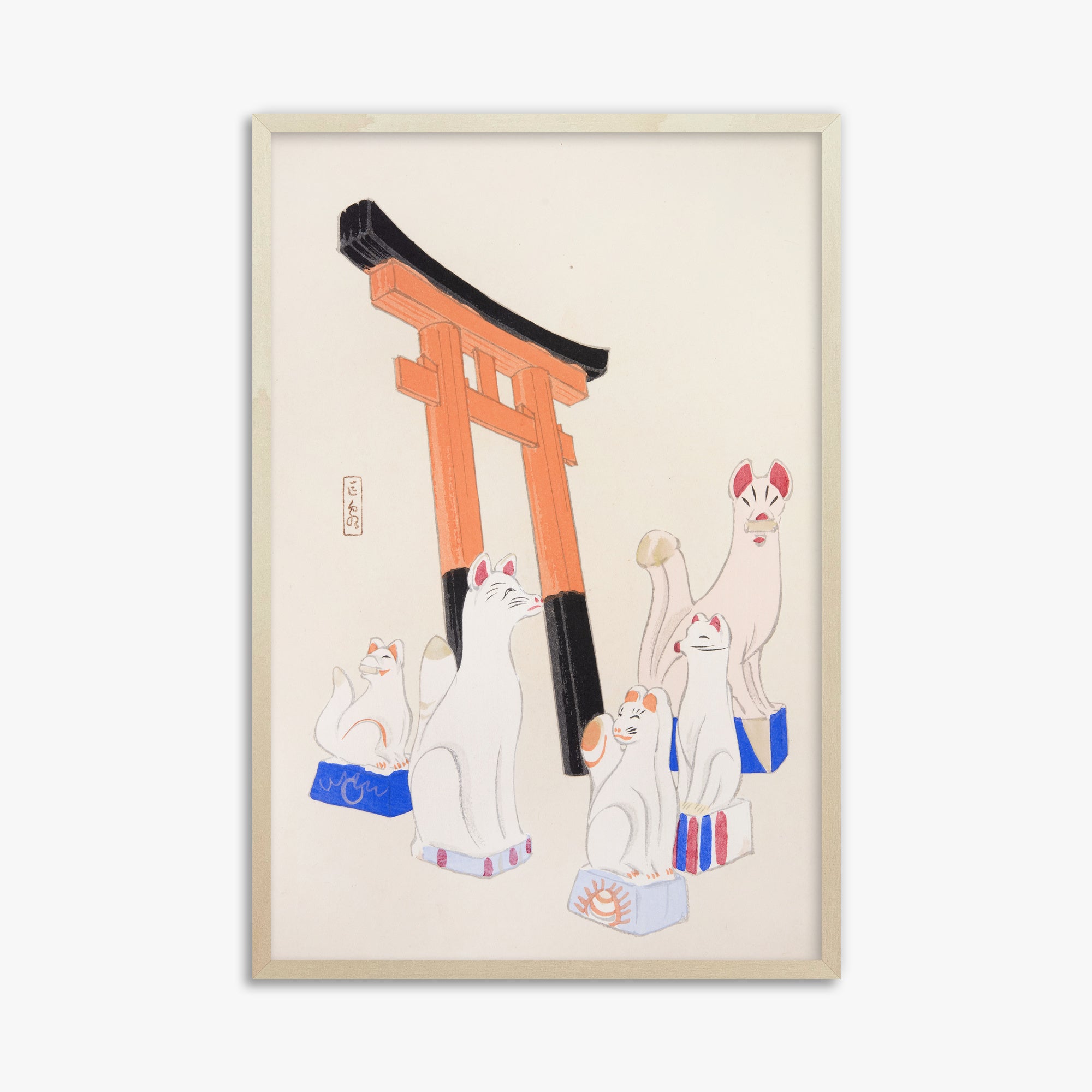Kawasaki Kyosen: Kyosen’s Collected Illustrations of Japanese Toys Nr. 49 ("Guardian Foxes of Torii Gate"), 61x91cm Framed Art Reproduction With Lime Wood Frame