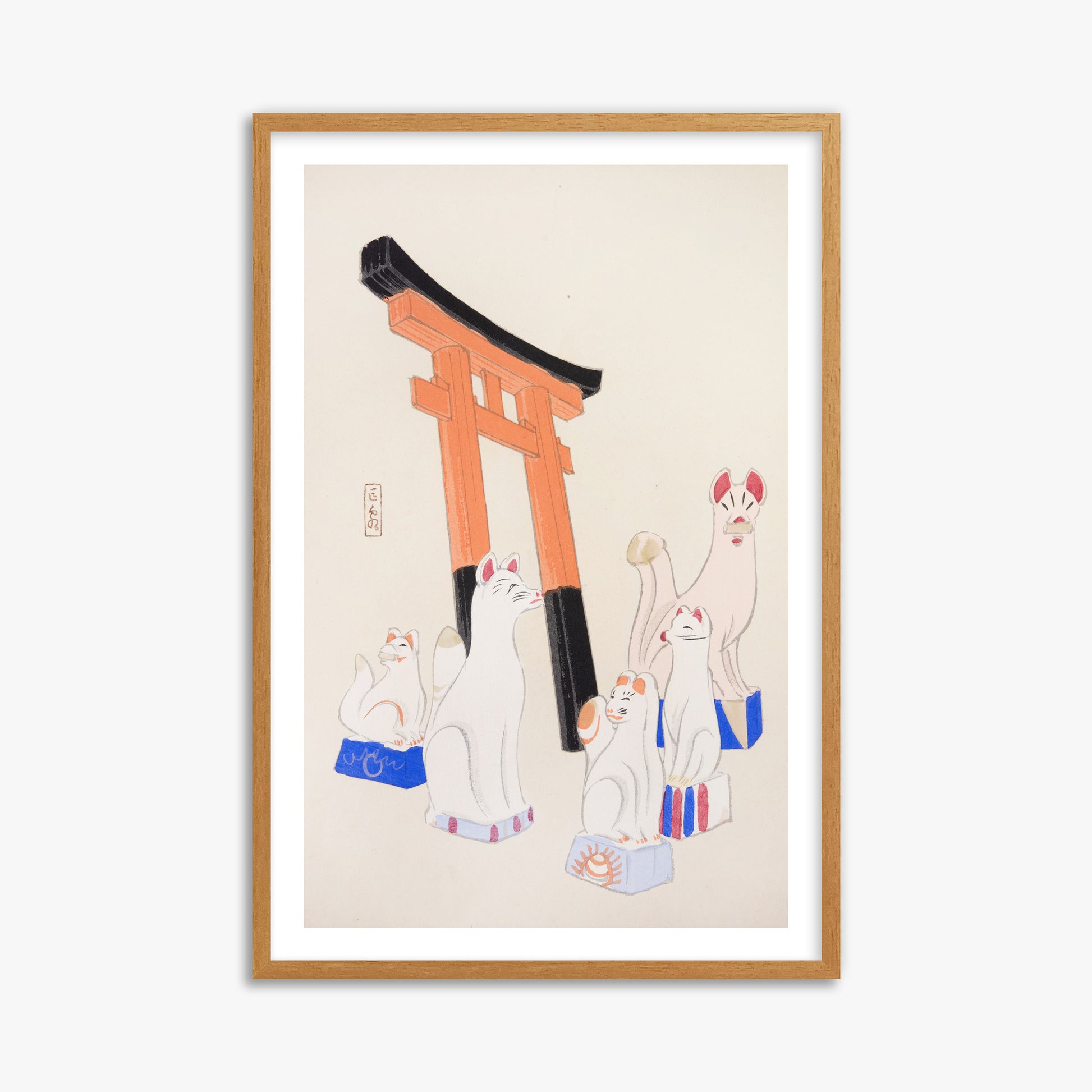 Kawasaki Kyosen: Kyosen’s Collected Illustrations of Japanese Toys Nr. 49 ("Guardian Foxes of Torii Gate"), 61x91cm Framed Art Reproduction With Oak Frame