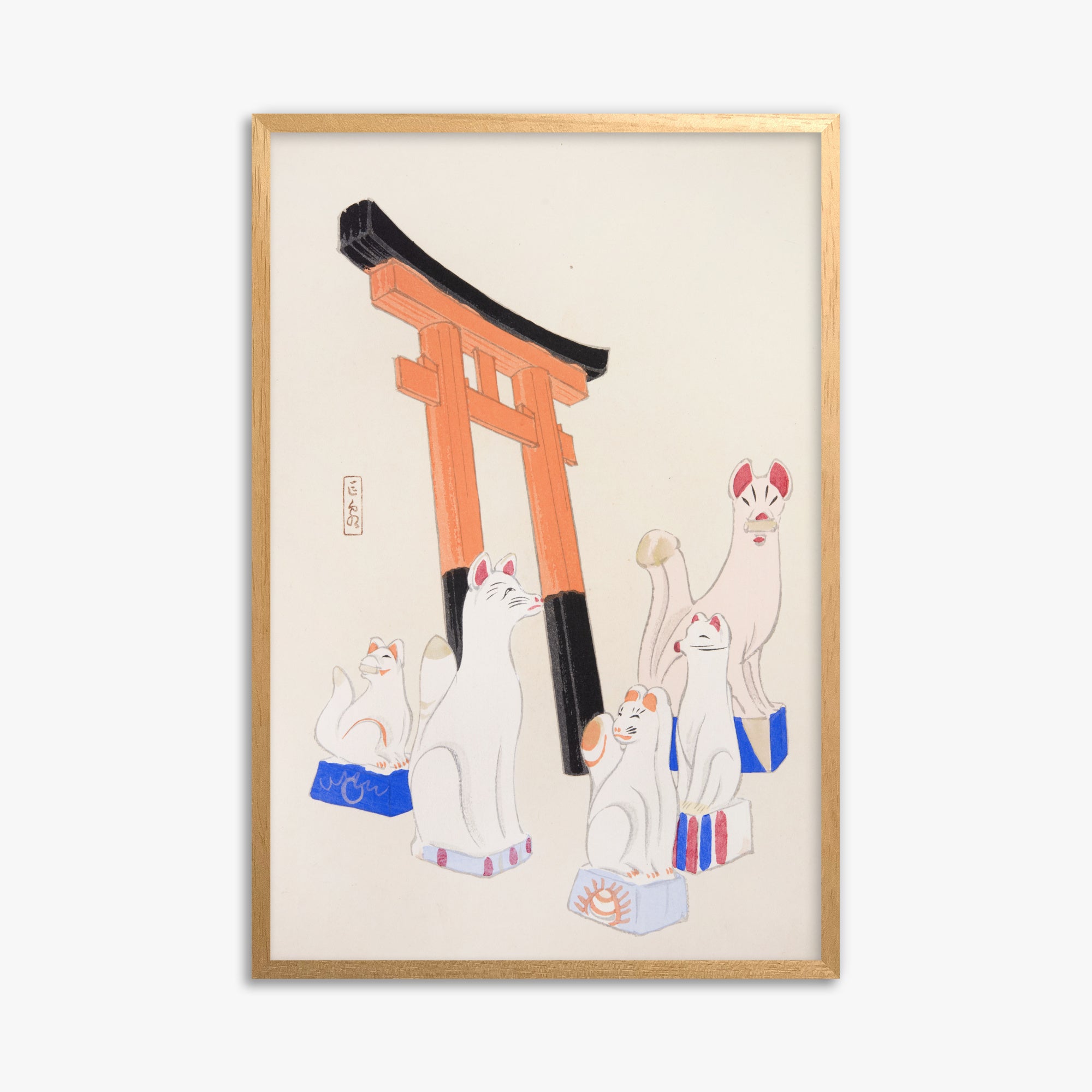 Kawasaki Kyosen: Kyosen’s Collected Illustrations of Japanese Toys Nr. 49 ("Guardian Foxes of Torii Gate"), 61x91cm Framed Art Reproduction With Oak Frame