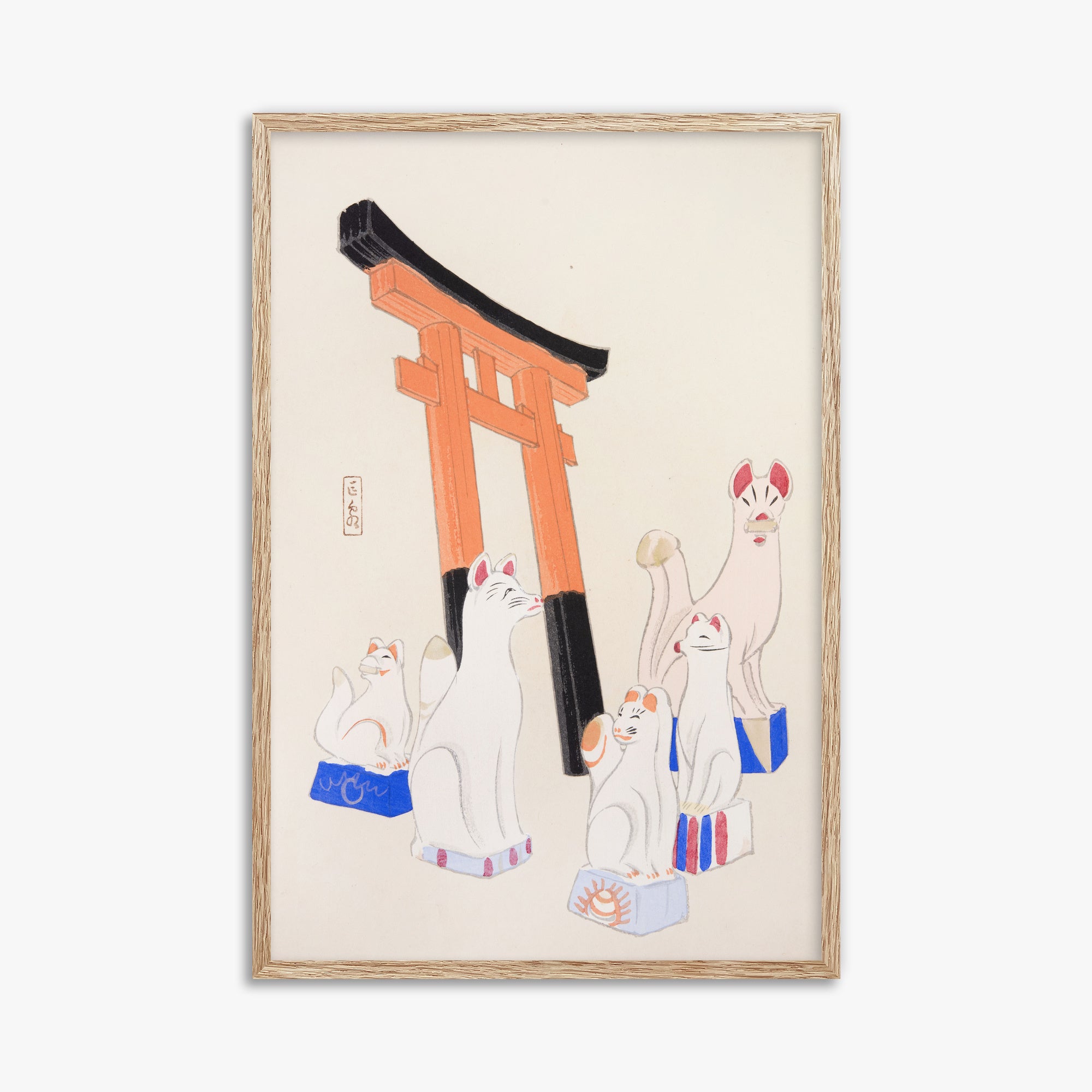 Kawasaki Kyosen: Kyosen’s Collected Illustrations of Japanese Toys Nr. 49 ("Guardian Foxes of Torii Gate"), 61x91cm Framed Art Reproduction With Raw Oak Frame
