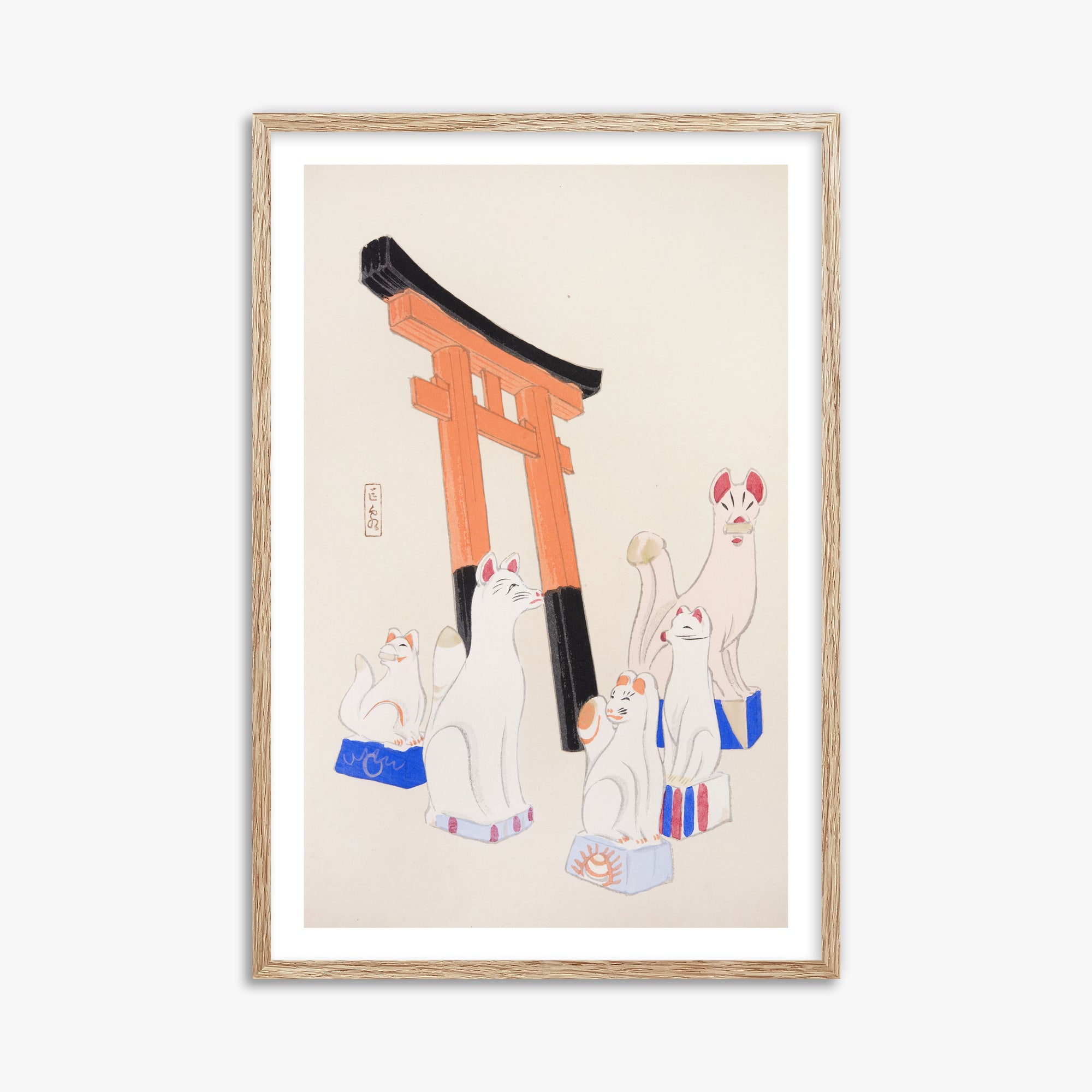 Kawasaki Kyosen: Kyosen’s Collected Illustrations of Japanese Toys Nr. 49 ("Guardian Foxes of Torii Gate"), 61x91cm Framed Art Reproduction With Raw Oak Frame