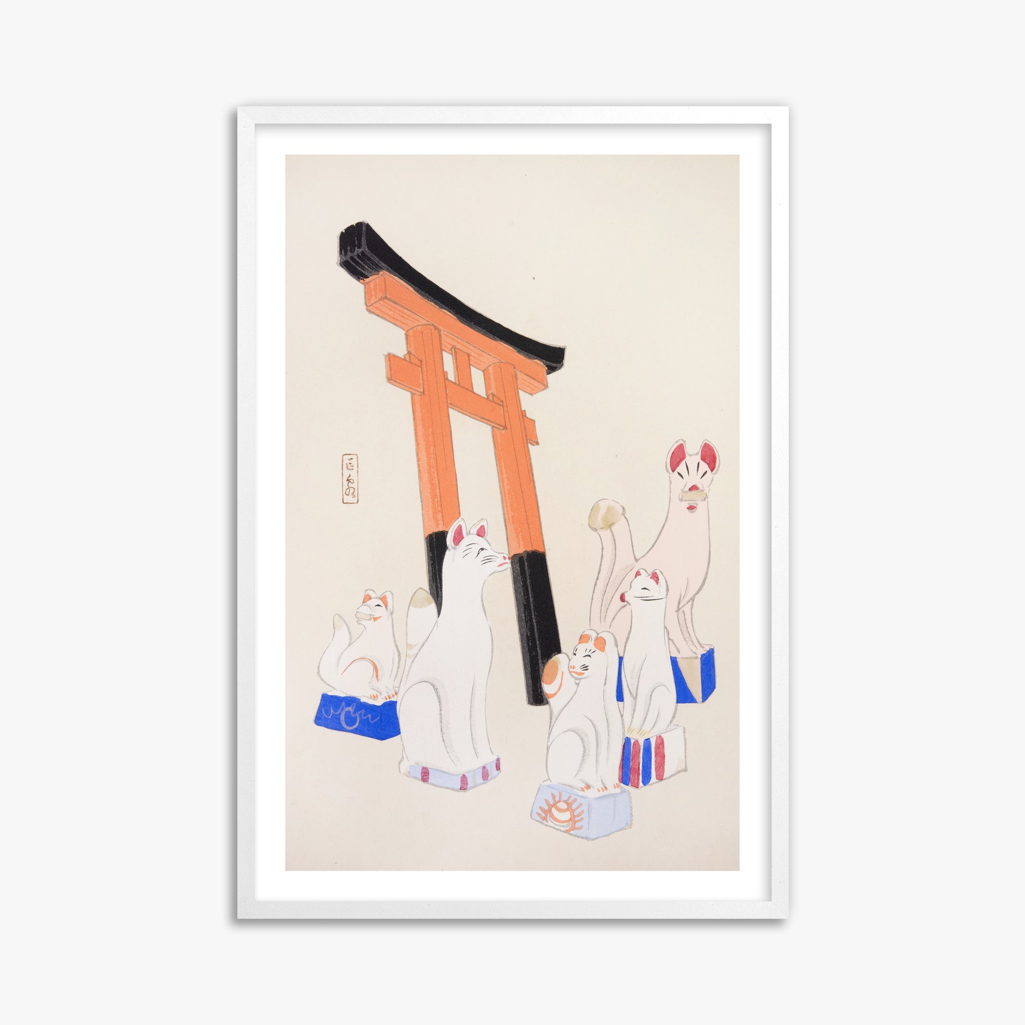 Kawasaki Kyosen: Kyosen’s Collected Illustrations of Japanese Toys Nr. 49 ("Guardian Foxes of Torii Gate"), 61x91cm Framed Art Reproduction With White Frame