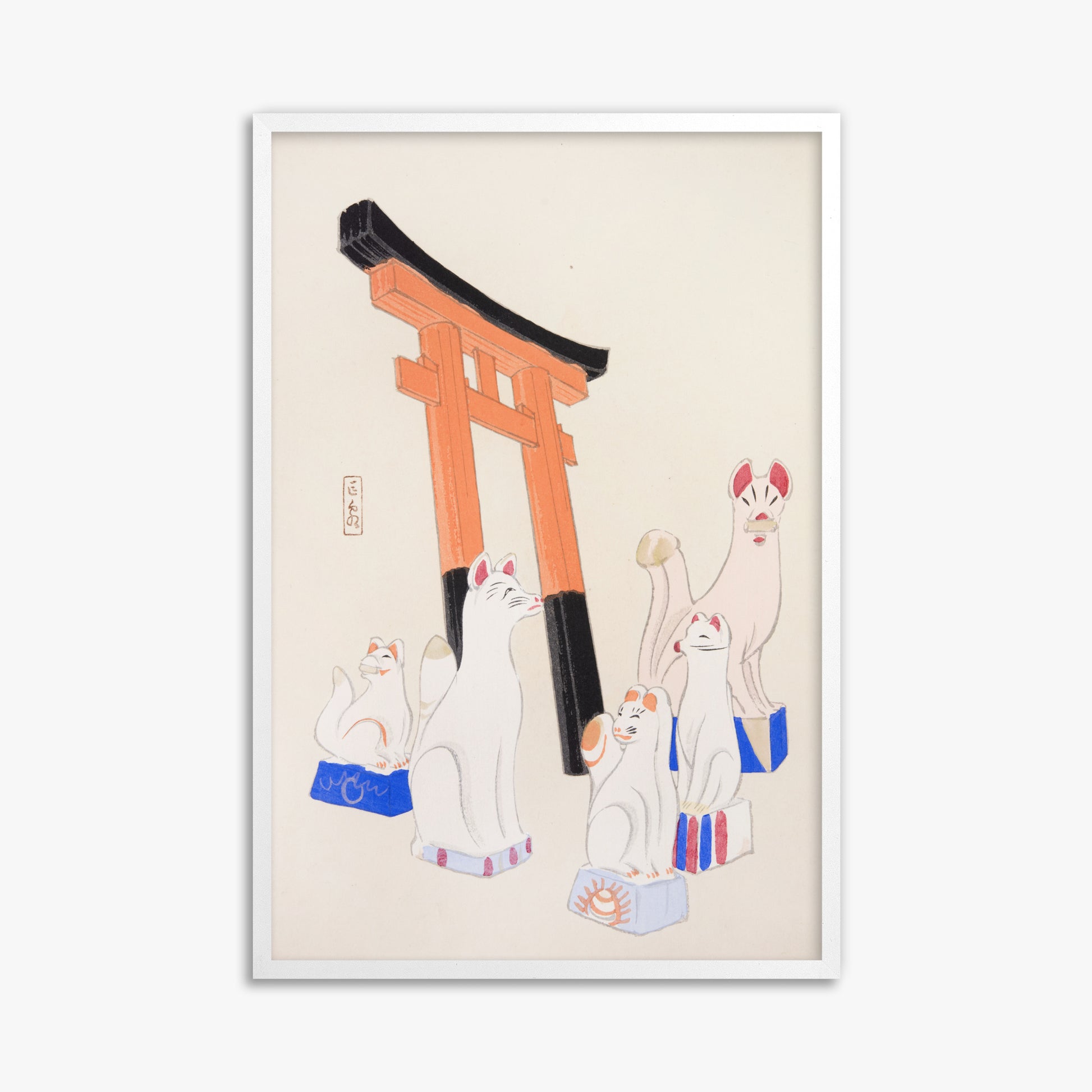 Kawasaki Kyosen: Kyosen’s Collected Illustrations of Japanese Toys Nr. 49 ("Guardian Foxes of Torii Gate"), 61x91cm Framed Art Reproduction With White Frame