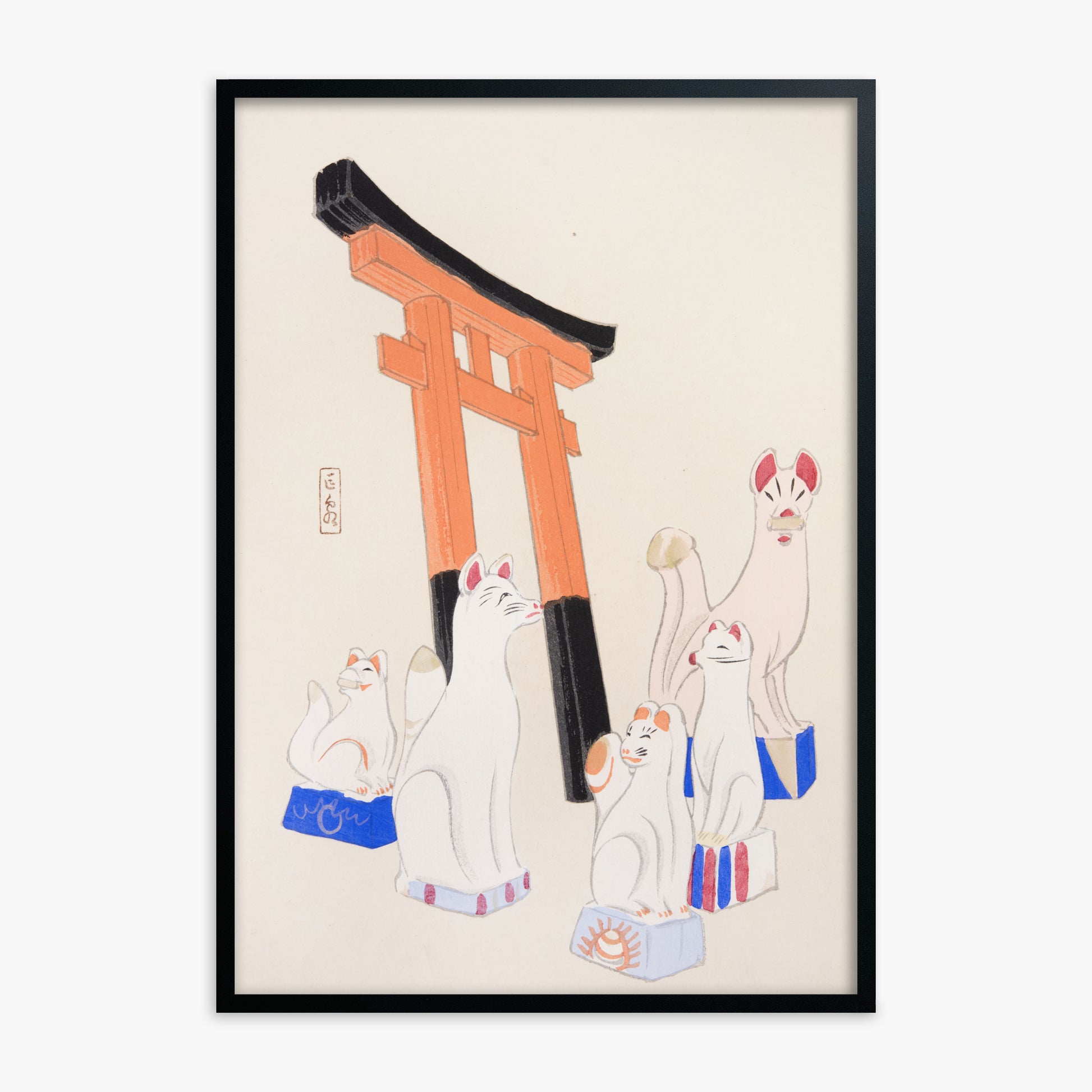 Kawasaki Kyosen: Kyosen’s Collected Illustrations of Japanese Toys Nr. 49 ("Guardian Foxes of Torii Gate"), Black Framed Art Reproduction With Black Frame