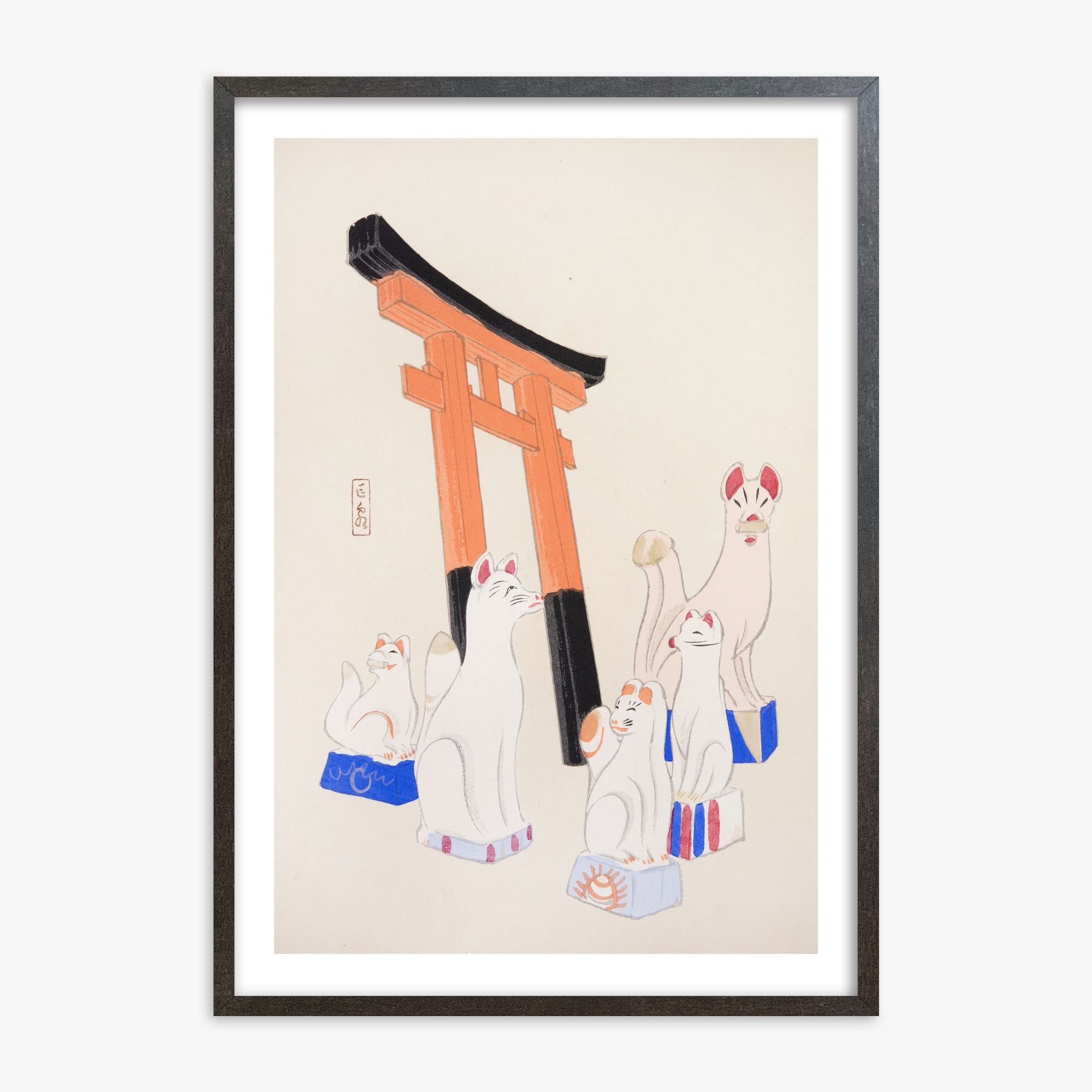 Kawasaki Kyosen: Kyosen’s Collected Illustrations of Japanese Toys Nr. 49 ("Guardian Foxes of Torii Gate"), 70x100cm Framed Art Reproduction With Espresso Frame