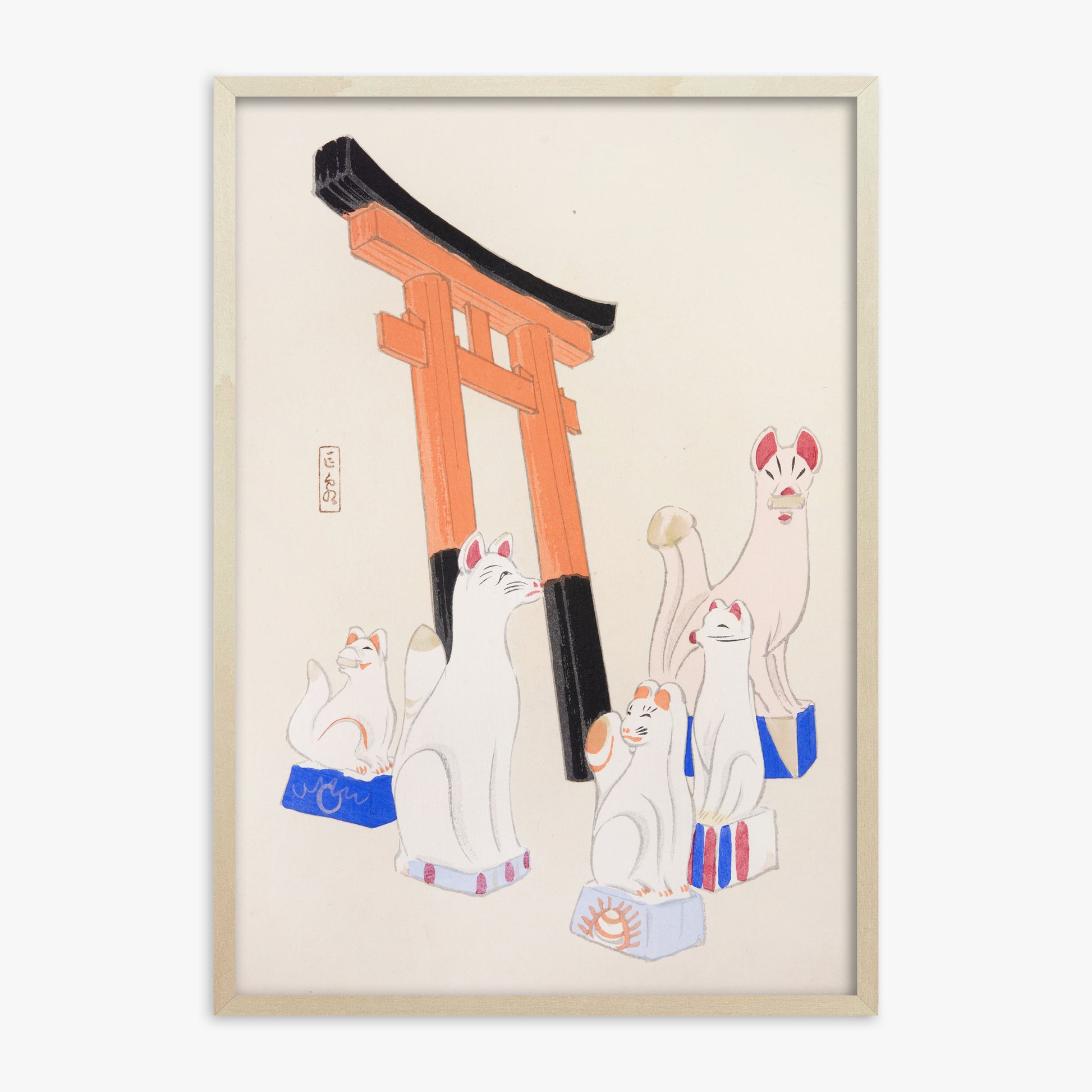 Kawasaki Kyosen: Kyosen’s Collected Illustrations of Japanese Toys Nr. 49 ("Guardian Foxes of Torii Gate"), 70x100cm Framed Art Reproduction With Lime Wood Frame