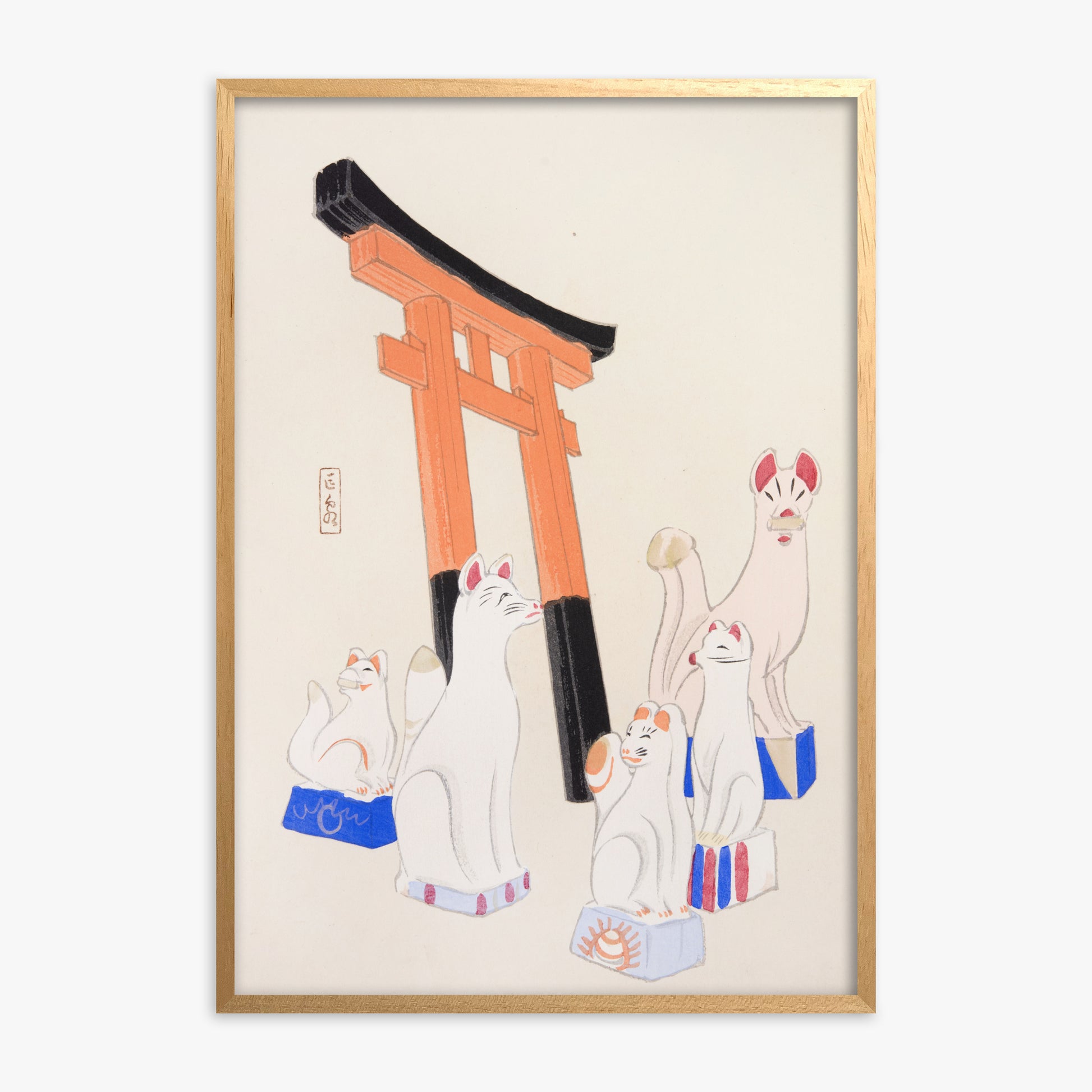 Kawasaki Kyosen: Kyosen’s Collected Illustrations of Japanese Toys Nr. 49 ("Guardian Foxes of Torii Gate"), Oak Framed Art Reproduction With Oak Frame