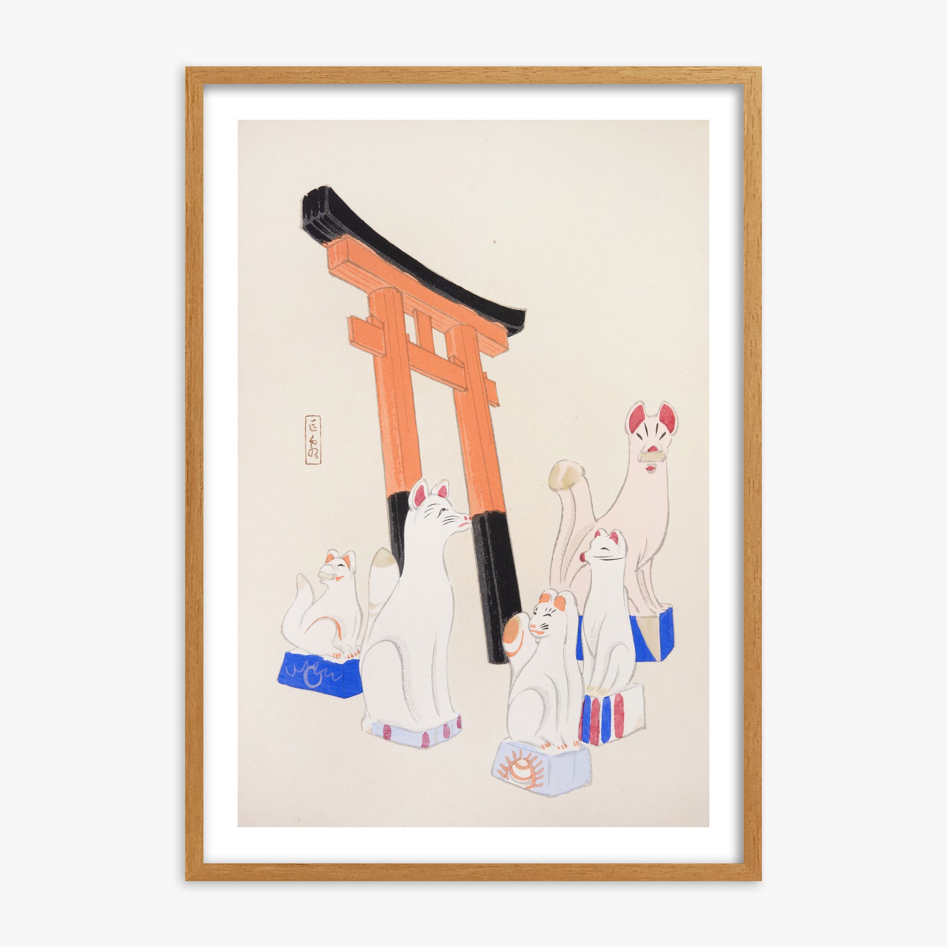 Kawasaki Kyosen: Kyosen’s Collected Illustrations of Japanese Toys Nr. 49 ("Guardian Foxes of Torii Gate"), 70x100cm Framed Art Reproduction With Oak Frame