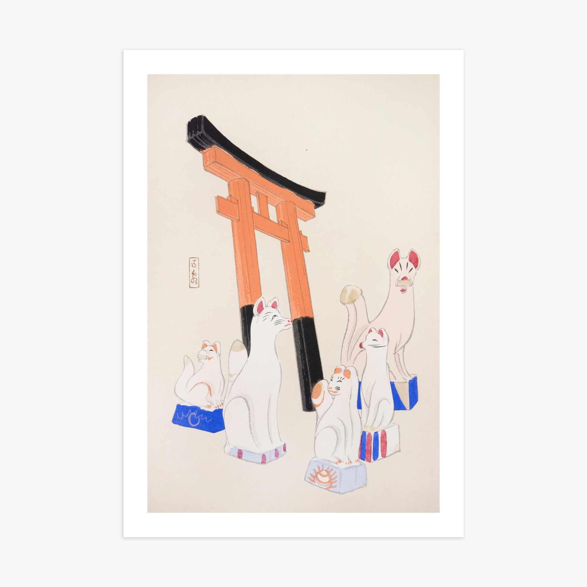 Kawasaki Kyosen: Kyosen’s Collected Illustrations of Japanese Toys Nr. 49 ("Guardian Foxes of Torii Gate"), 70x100cm Art Reproduction Unframed