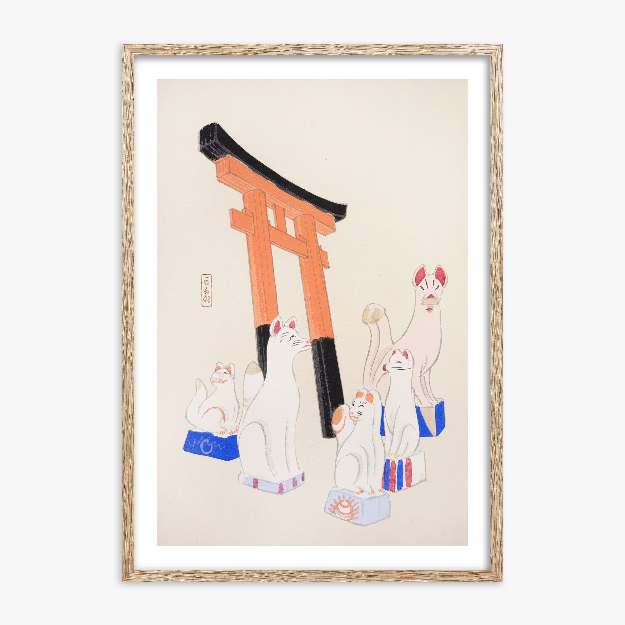 Kawasaki Kyosen: Kyosen’s Collected Illustrations of Japanese Toys Nr. 49 ("Guardian Foxes of Torii Gate"), 70x100cm Framed Art Reproduction With Raw Oak Frame