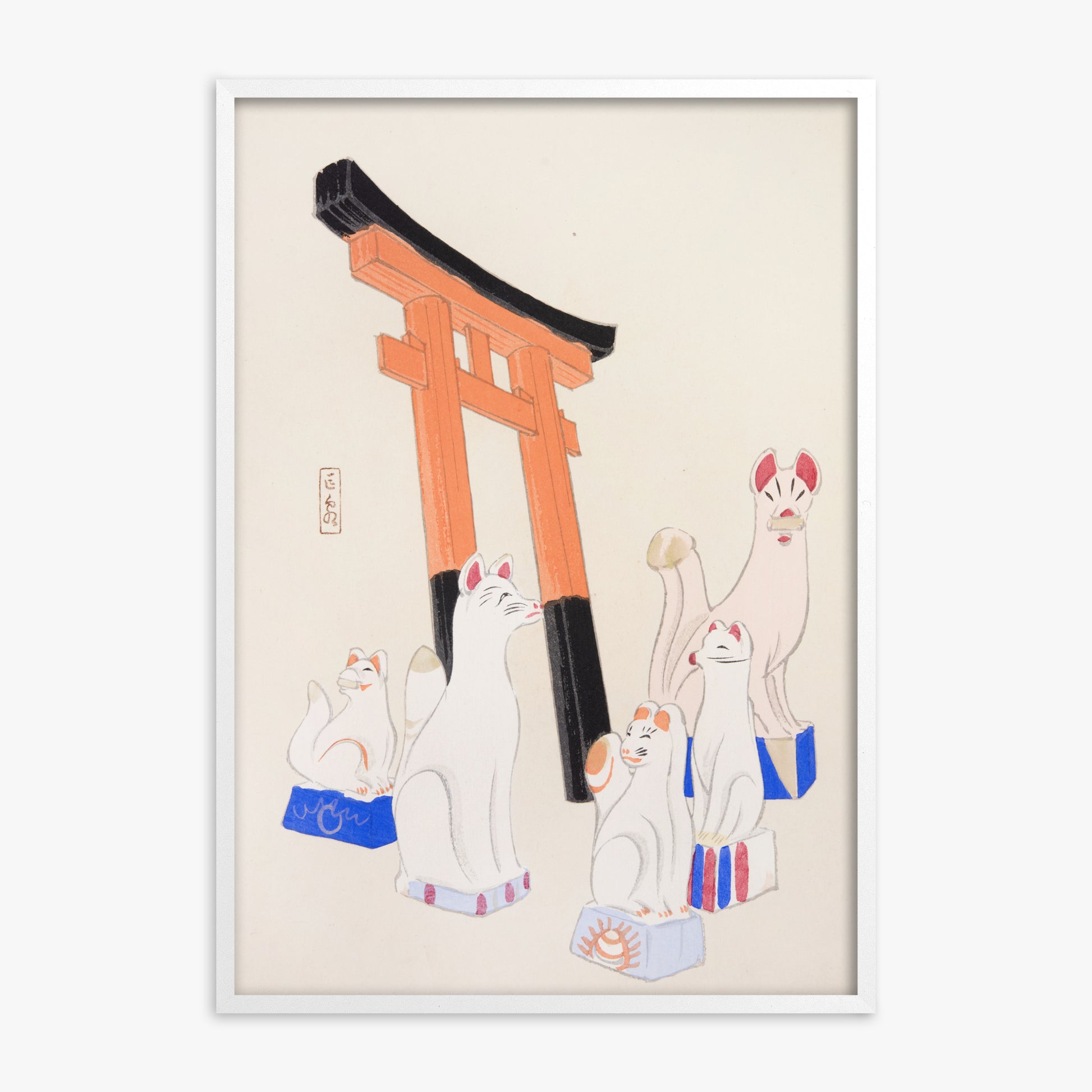 Kawasaki Kyosen: Kyosen’s Collected Illustrations of Japanese Toys Nr. 49 ("Guardian Foxes of Torii Gate"), White Framed Art Reproduction With White Frame