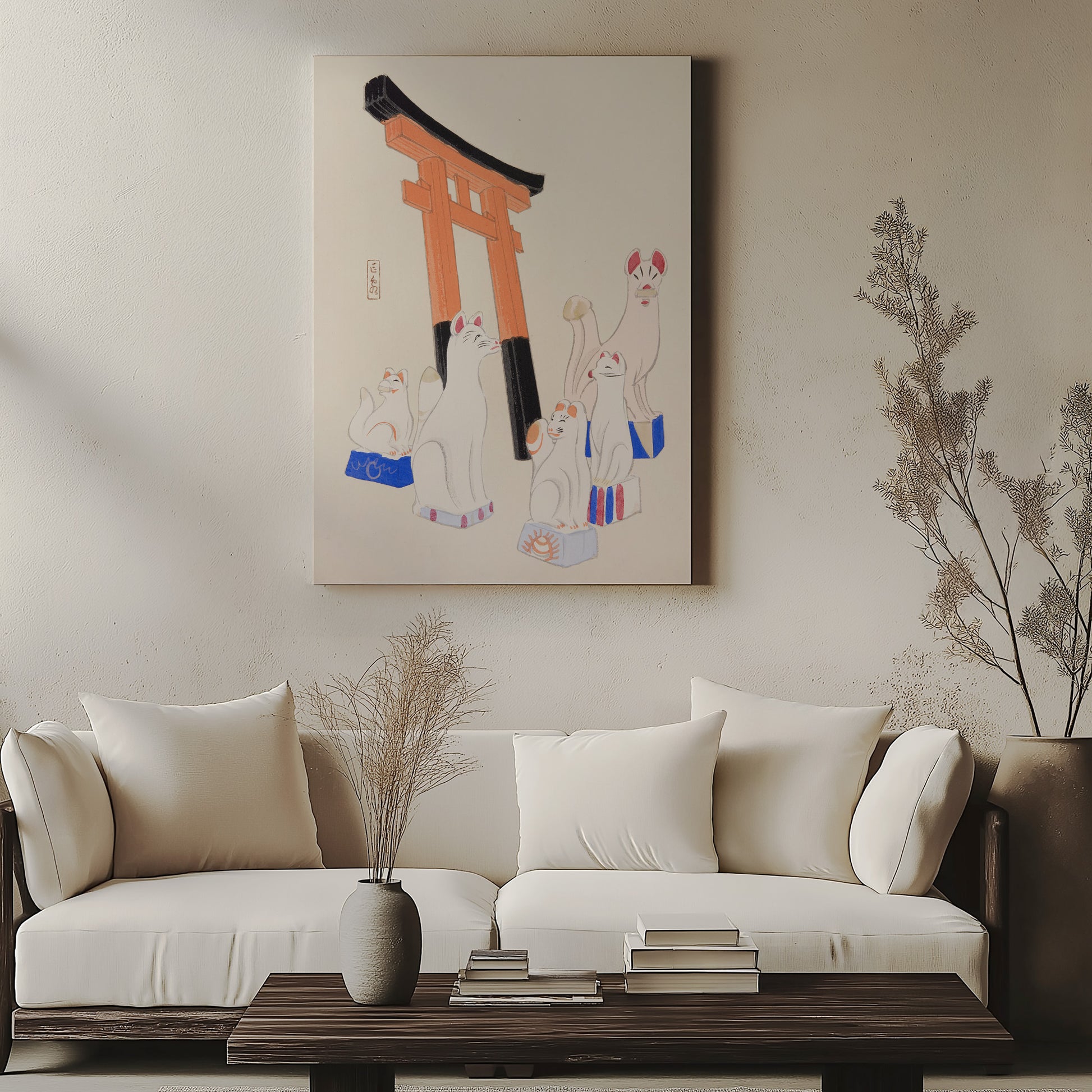 Design Concept No. 57 for Kawasaki Kyosen: Kyosen’s Collected Illustrations of Japanese Toys Nr. 49 ("Guardian Foxes of Torii Gate") Japanese Satin Canvas Wall Art