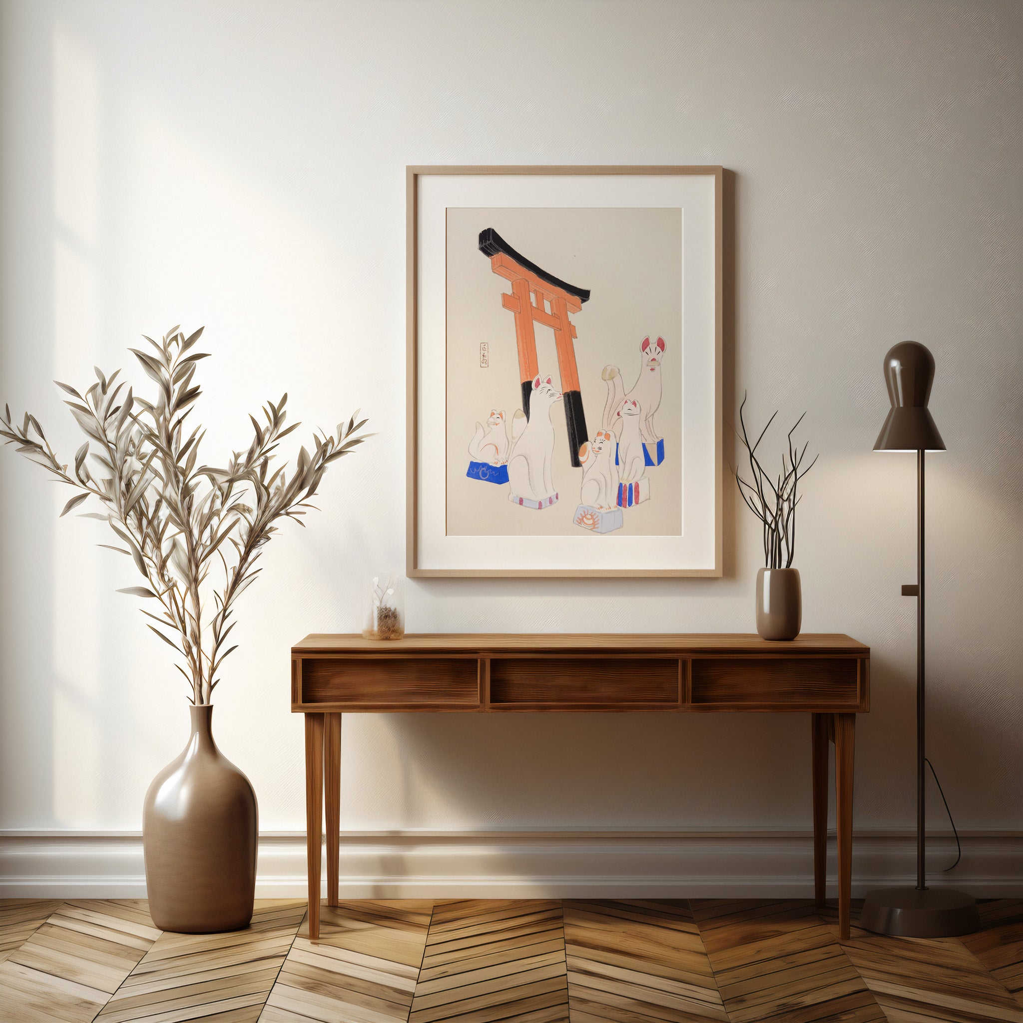 Design Concept No. 37 for Kawasaki Kyosen: Kyosen’s Collected Illustrations of Japanese Toys Nr. 49 ("Guardian Foxes of Torii Gate") Japanese Wall Art