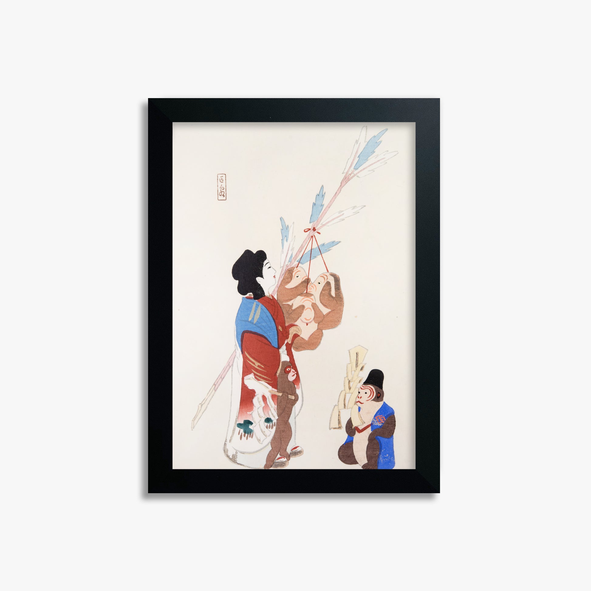 Kawasaki Kyosen: Kyosen’s Collected Illustrations of Japanese Toys Nr. 50 ("Harmony of Traditions"), 21x30cm Framed Art Reproduction With Black Frame