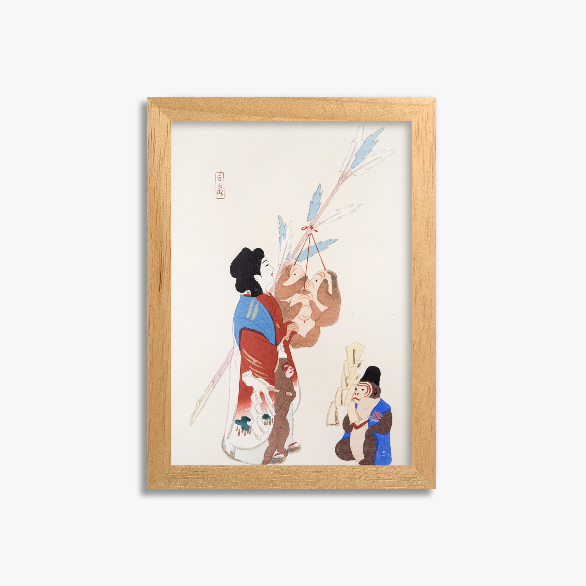 Kawasaki Kyosen: Kyosen’s Collected Illustrations of Japanese Toys Nr. 50 ("Harmony of Traditions"), 21x30cm Framed Art Reproduction With Oak Frame