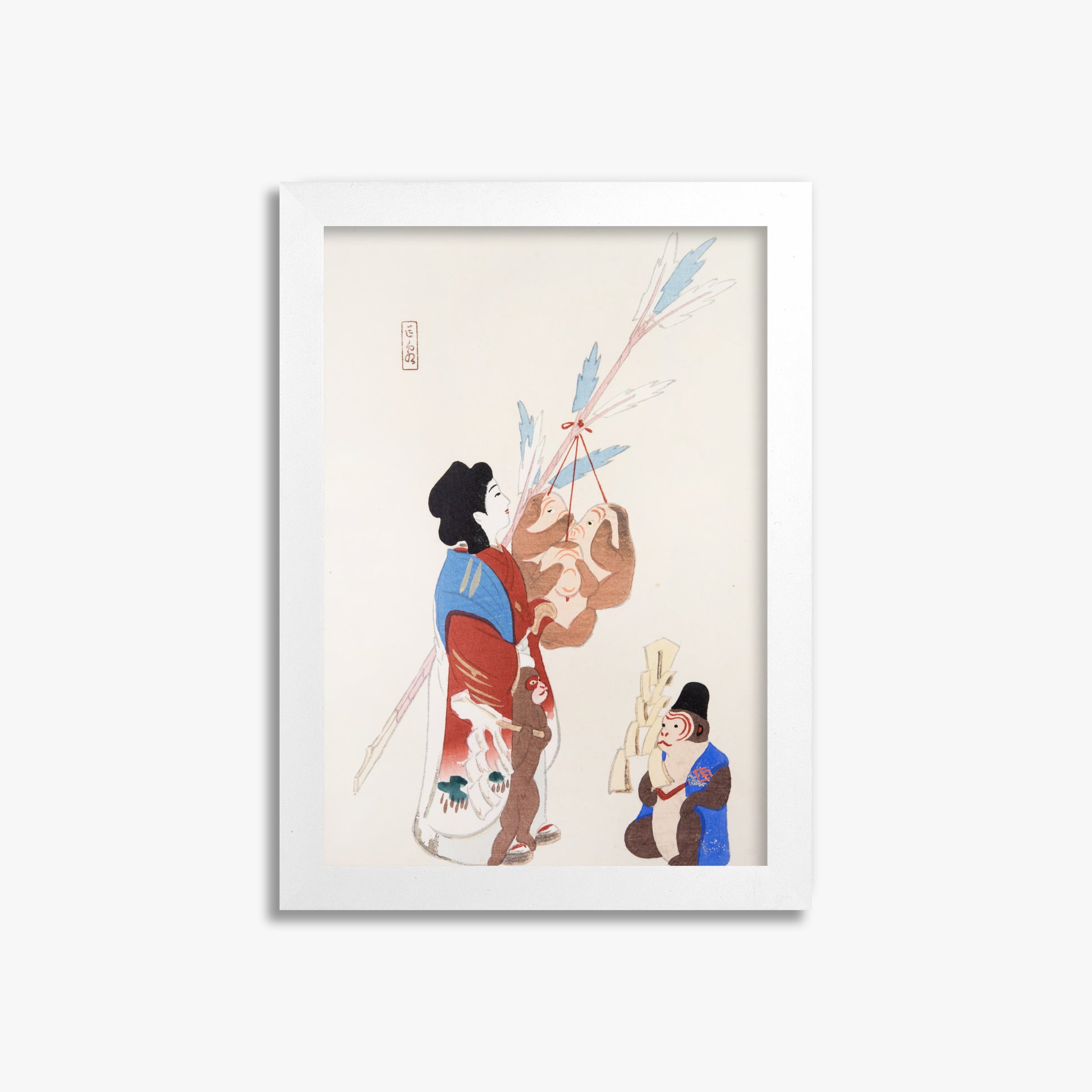 Kawasaki Kyosen: Kyosen’s Collected Illustrations of Japanese Toys Nr. 50 ("Harmony of Traditions"), 21x30cm Framed Art Reproduction With White Frame