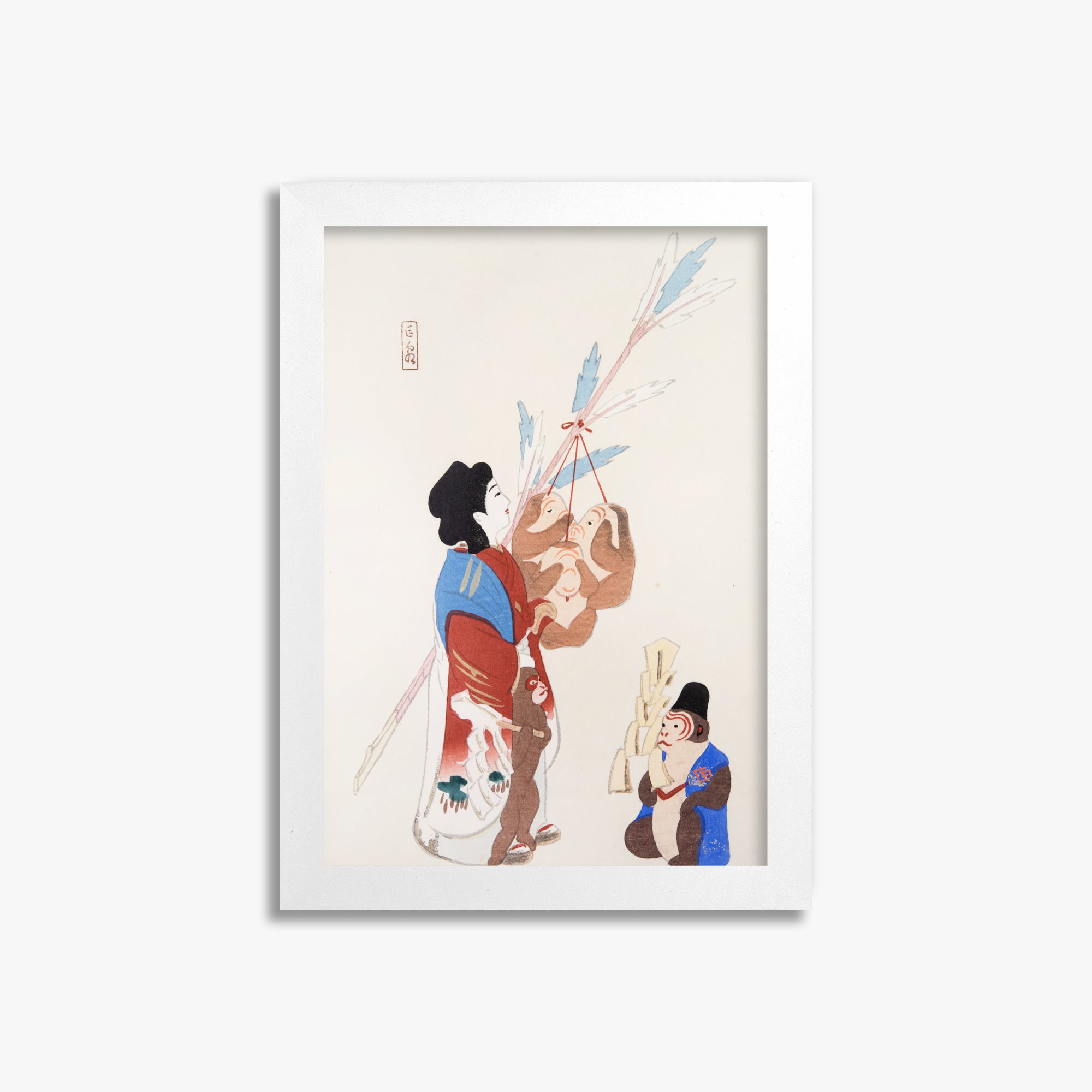 Kawasaki Kyosen: Kyosen’s Collected Illustrations of Japanese Toys Nr. 50 ("Harmony of Traditions"), 21x30cm Framed Art Reproduction With White Frame