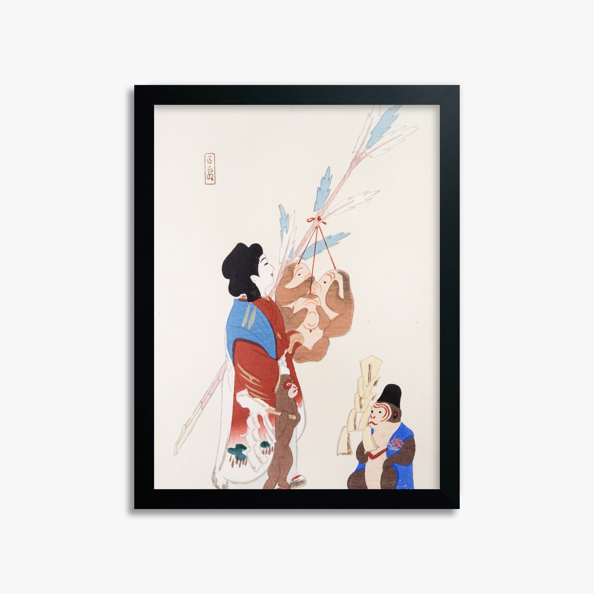 Kawasaki Kyosen: Kyosen’s Collected Illustrations of Japanese Toys Nr. 50 ("Harmony of Traditions"), 30x40cm Framed Art Reproduction With Black Frame