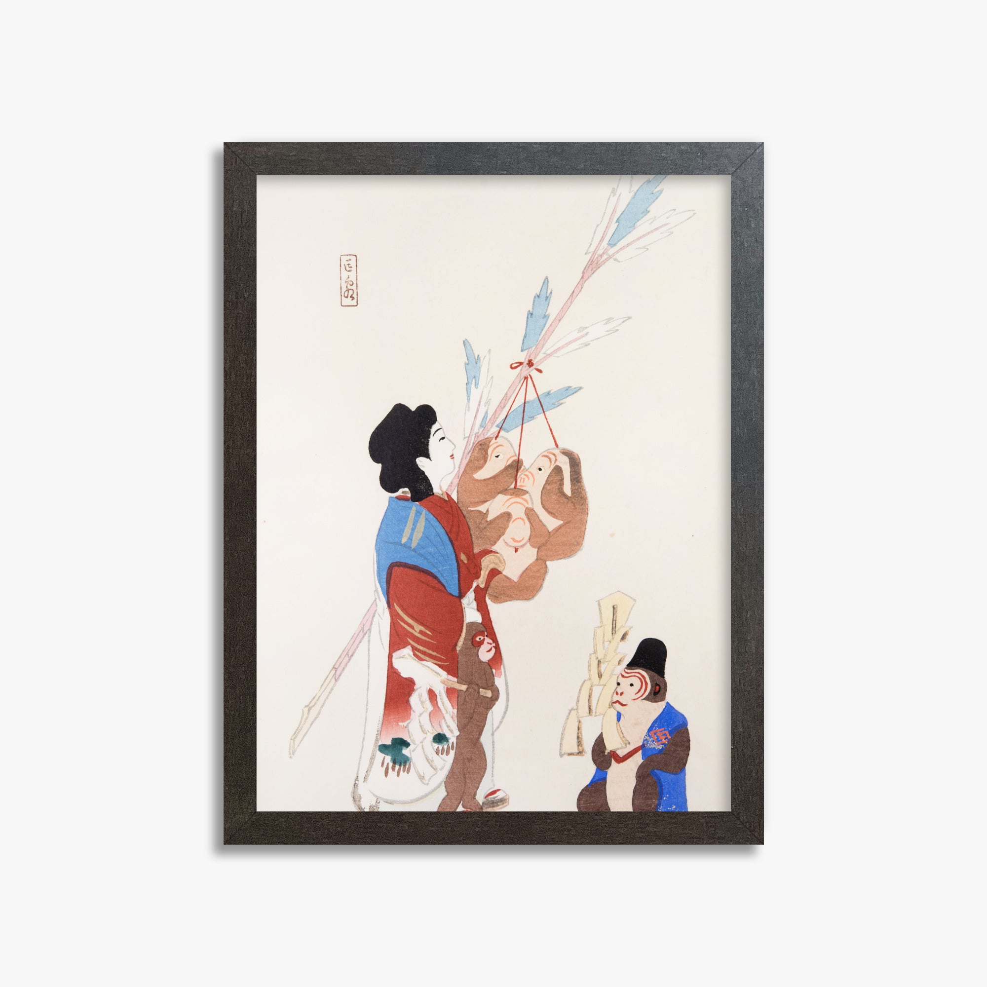 Kawasaki Kyosen: Kyosen’s Collected Illustrations of Japanese Toys Nr. 50 ("Harmony of Traditions"), 30x40cm Framed Art Reproduction With Espresso Frame