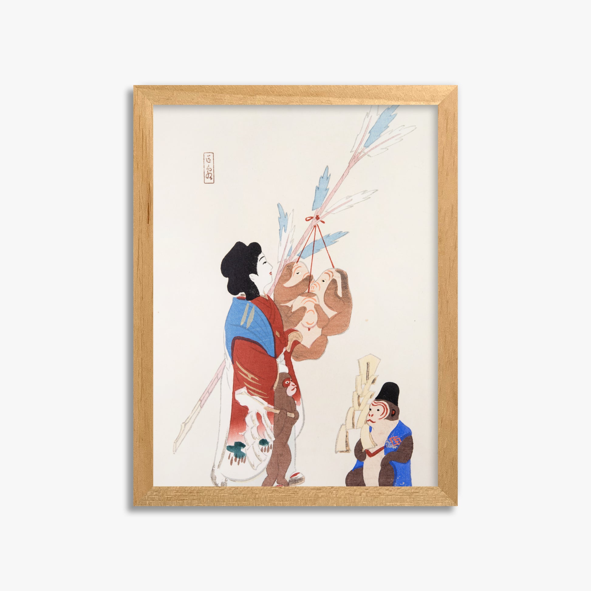 Kawasaki Kyosen: Kyosen’s Collected Illustrations of Japanese Toys Nr. 50 ("Harmony of Traditions"), 30x40cm Framed Art Reproduction With Oak Frame