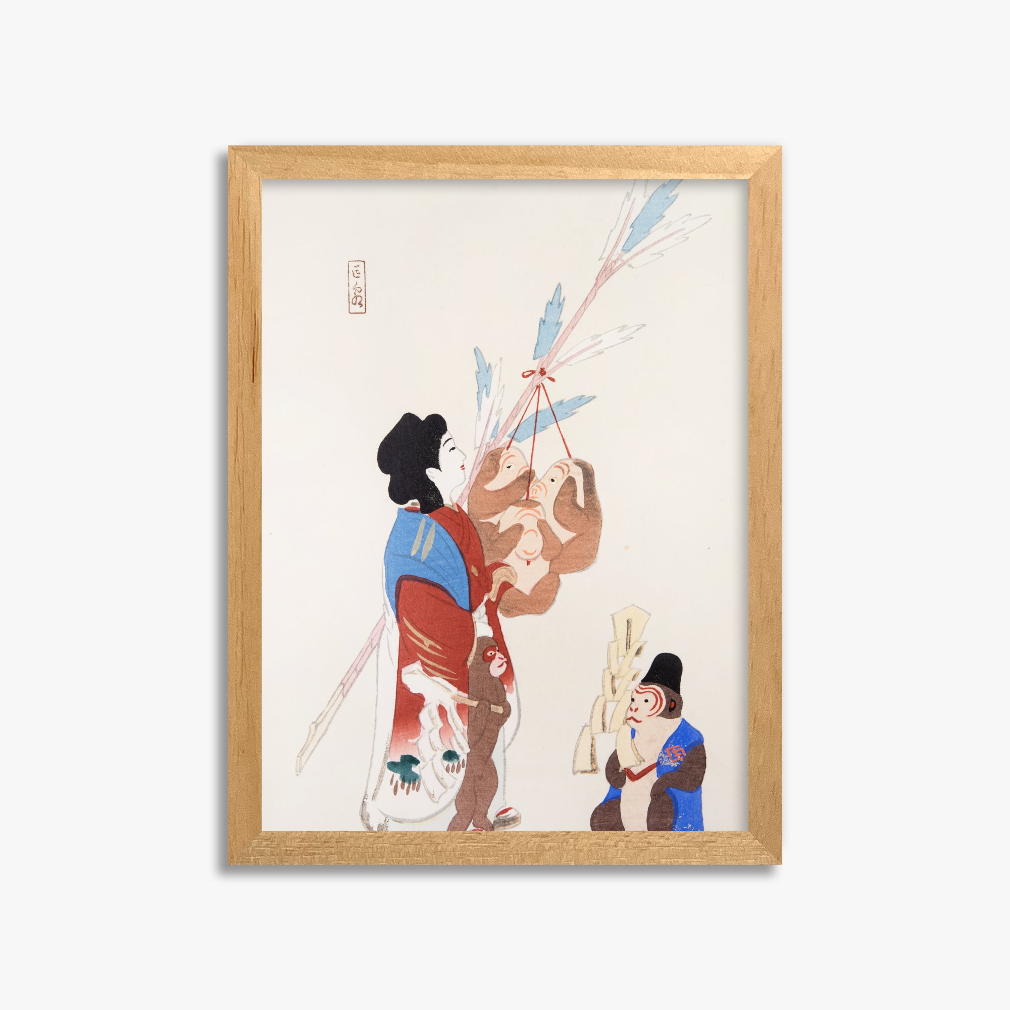 Kawasaki Kyosen: Kyosen’s Collected Illustrations of Japanese Toys Nr. 50 ("Harmony of Traditions"), 30x40cm Framed Art Reproduction With Oak Frame
