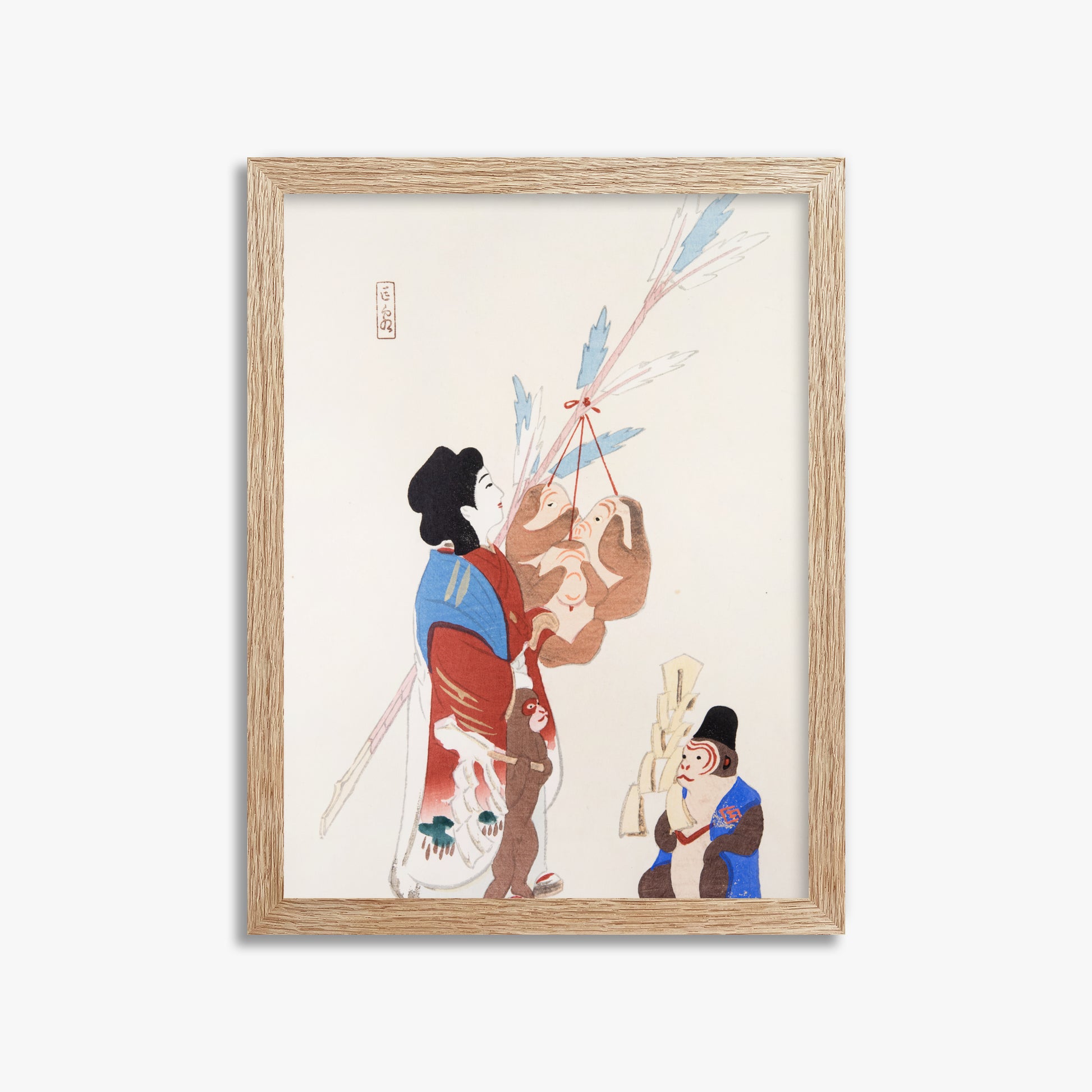 Kawasaki Kyosen: Kyosen’s Collected Illustrations of Japanese Toys Nr. 50 ("Harmony of Traditions"), 30x40cm Framed Art Reproduction With Raw Oak Frame