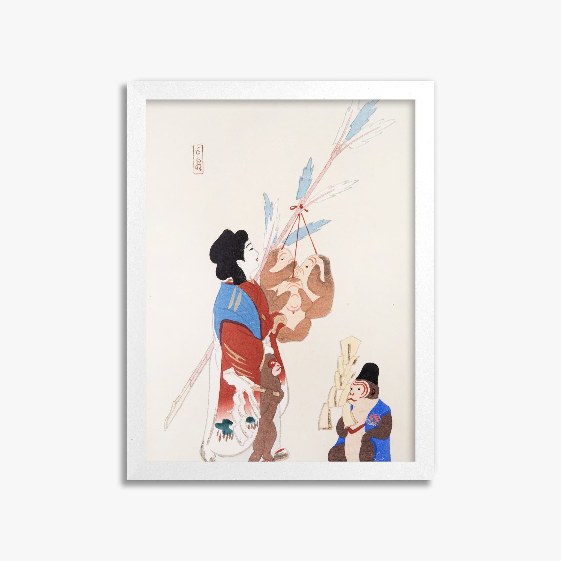 Kawasaki Kyosen: Kyosen’s Collected Illustrations of Japanese Toys Nr. 50 ("Harmony of Traditions"), 30x40cm Framed Art Reproduction With White Frame