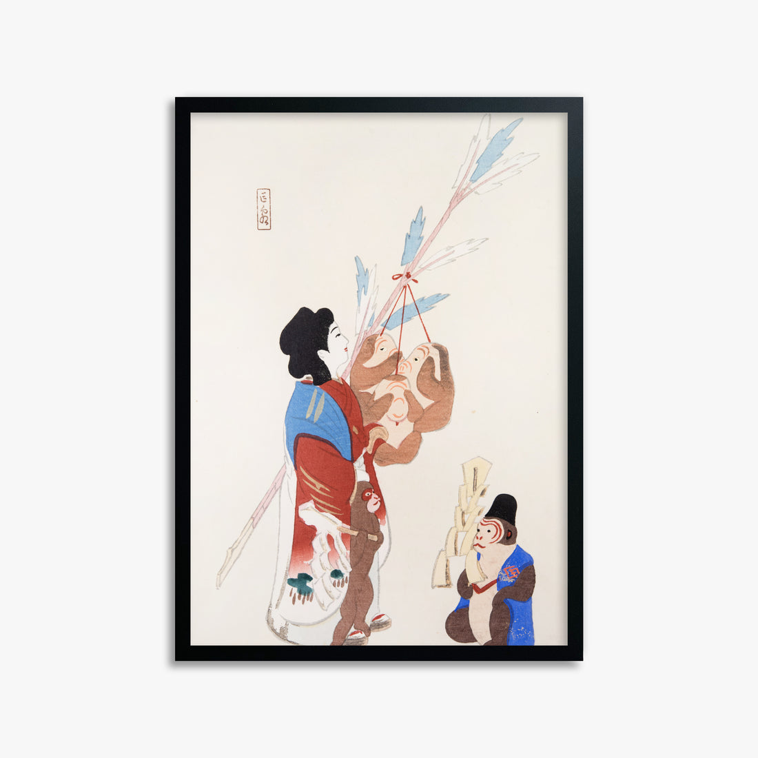 Kawasaki Kyosen: Kyosen’s Collected Illustrations of Japanese Toys Nr. 50 ("Harmony of Traditions"), 50x70cm Framed Art Reproduction With Black Frame