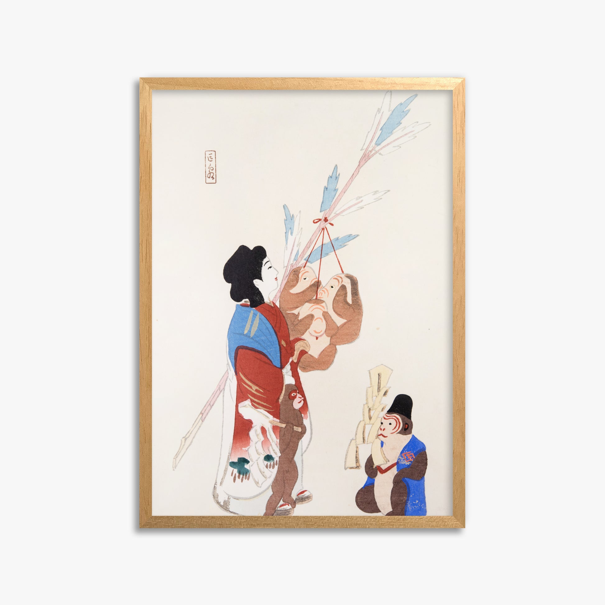 Kawasaki Kyosen: Kyosen’s Collected Illustrations of Japanese Toys Nr. 50 ("Harmony of Traditions"), 50x70cm Framed Art Reproduction With Oak Frame