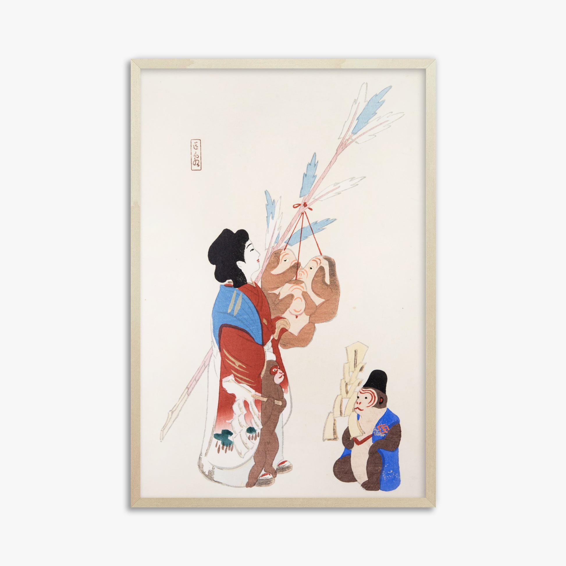 Kawasaki Kyosen: Kyosen’s Collected Illustrations of Japanese Toys Nr. 50 ("Harmony of Traditions"), 61x91cm Framed Art Reproduction With Lime Wood Frame