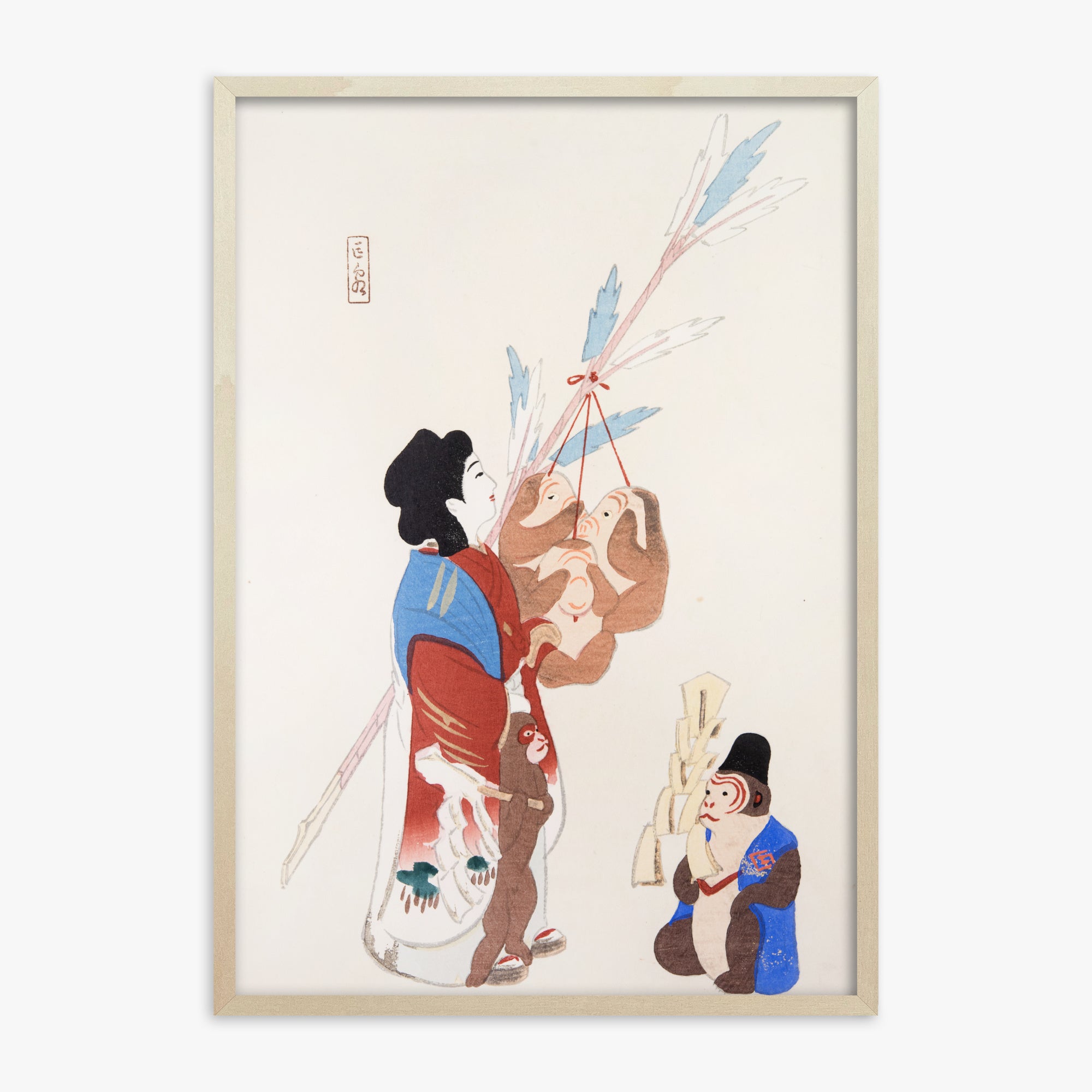 Kawasaki Kyosen: Kyosen’s Collected Illustrations of Japanese Toys Nr. 50 ("Harmony of Traditions"), 70x100cm Framed Art Reproduction With Lime Wood Frame