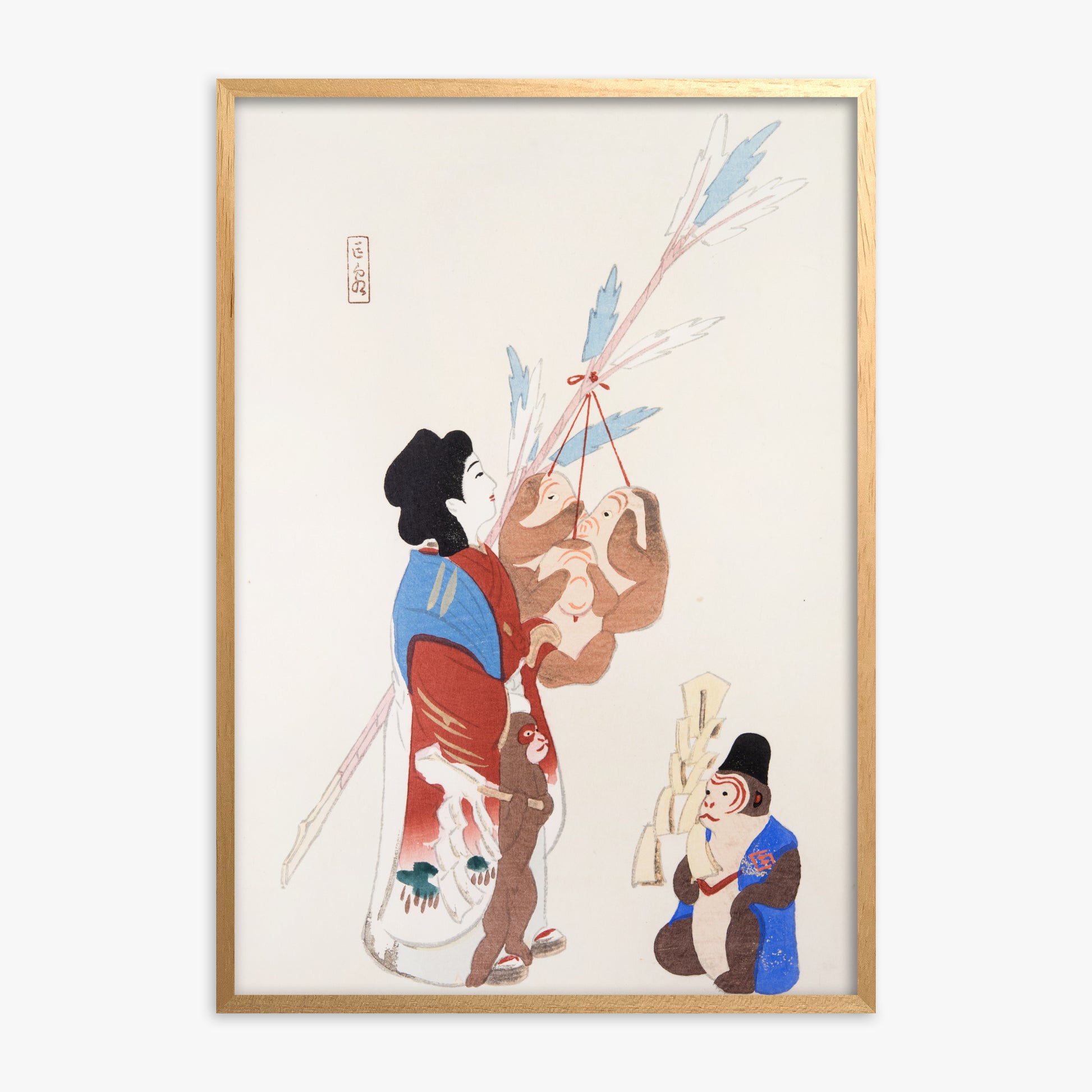 Kawasaki Kyosen: Kyosen’s Collected Illustrations of Japanese Toys Nr. 50 ("Harmony of Traditions"), Oak Framed Art Reproduction With Oak Frame