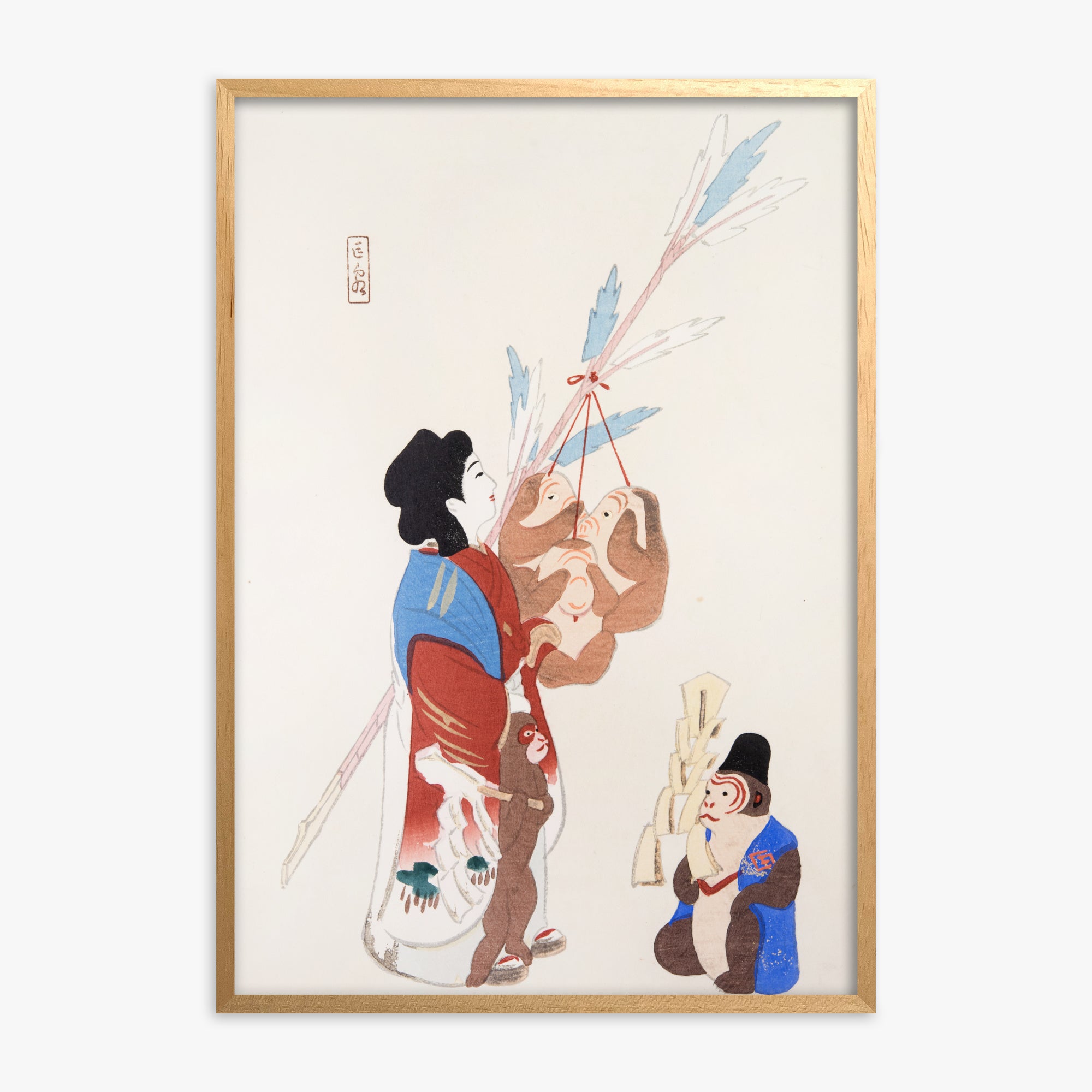 Kawasaki Kyosen: Kyosen’s Collected Illustrations of Japanese Toys Nr. 50 ("Harmony of Traditions"), Oak Framed Art Reproduction With Oak Frame