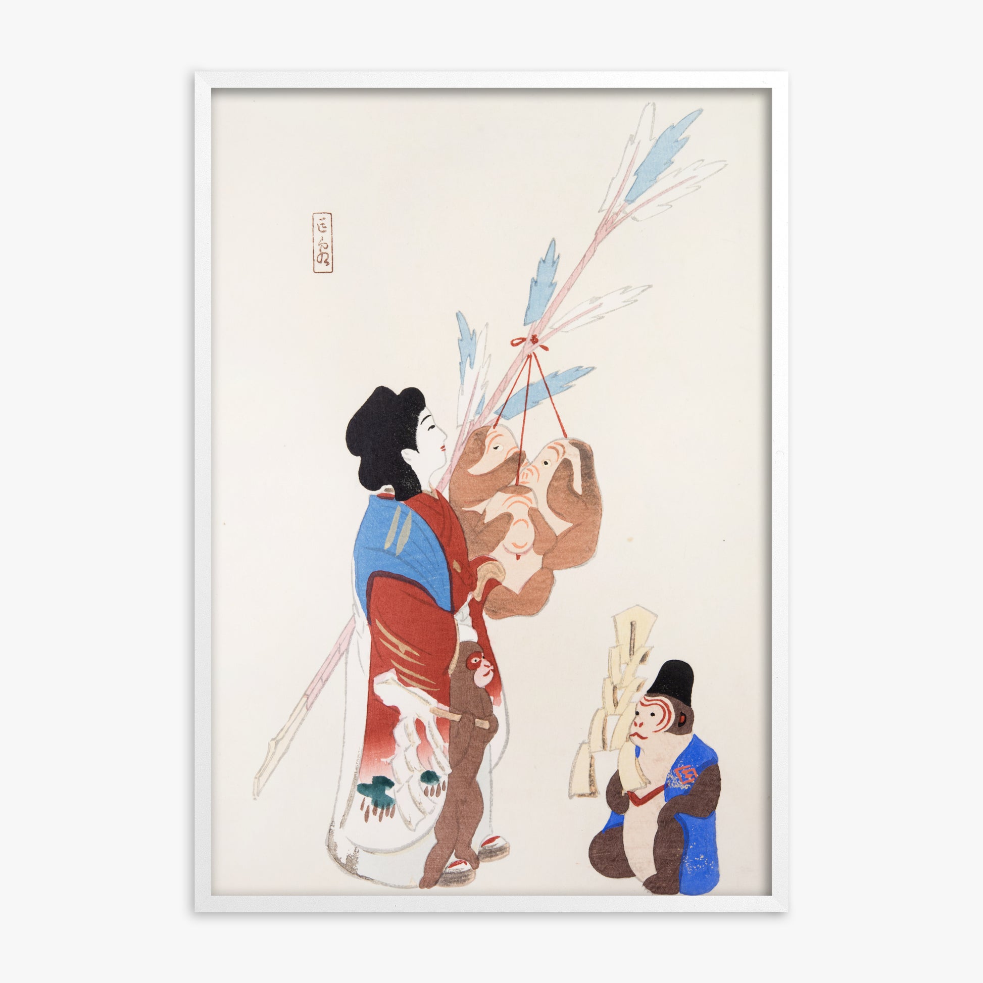 Kawasaki Kyosen: Kyosen’s Collected Illustrations of Japanese Toys Nr. 50 ("Harmony of Traditions"), White Framed Art Reproduction With White Frame
