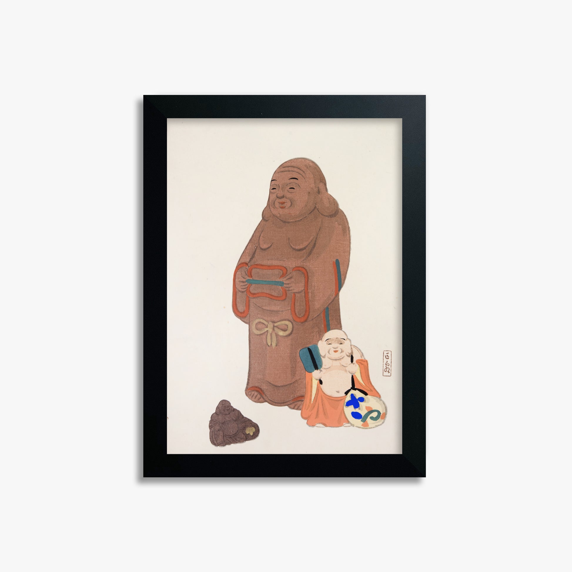 Kawasaki Kyosen: Kyosen’s Collected Illustrations of Japanese Toys Nr. 51 ("Serene Statues"), 21x30cm Framed Art Reproduction With Black Frame