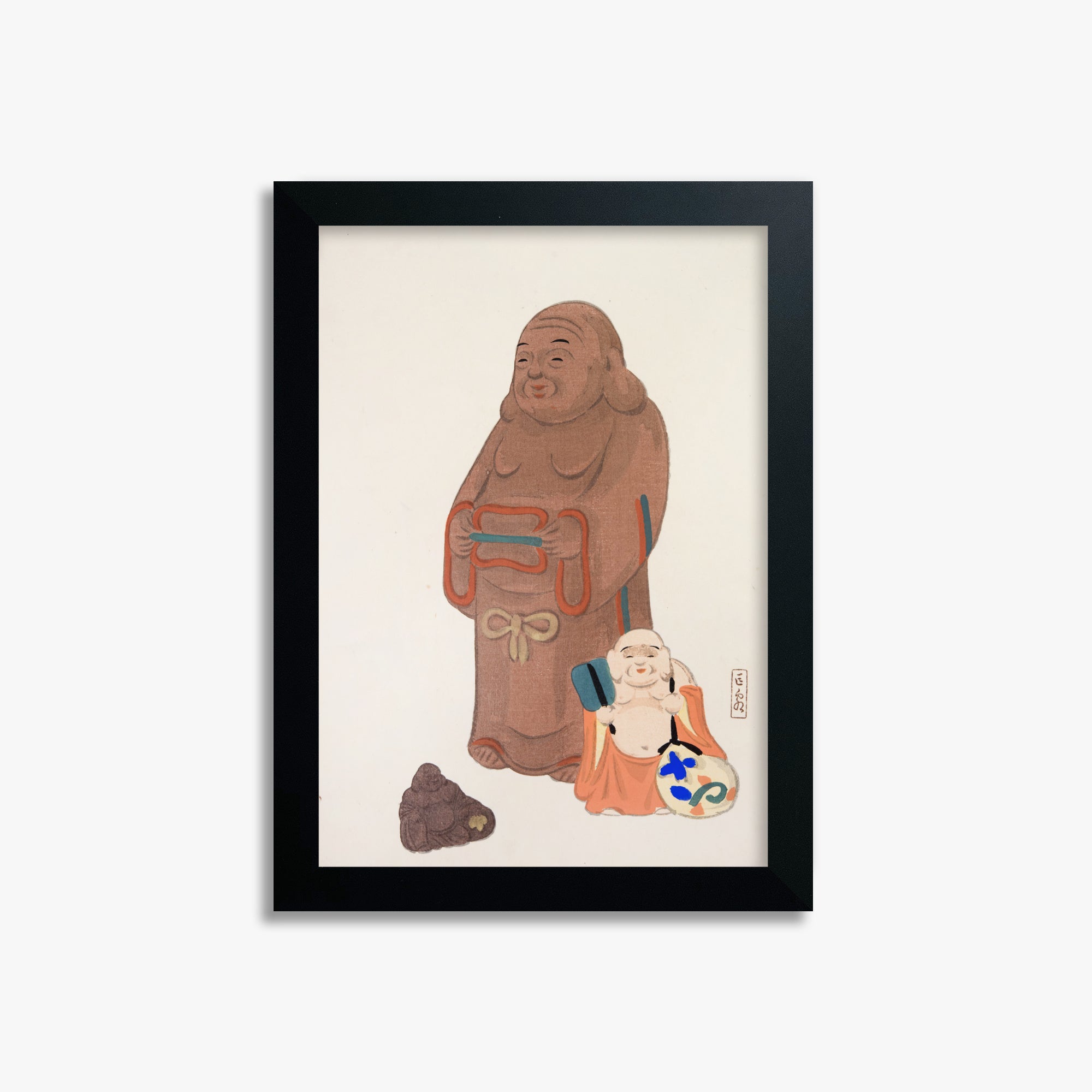 Kawasaki Kyosen: Kyosen’s Collected Illustrations of Japanese Toys Nr. 51 ("Serene Statues"), 21x30cm Framed Art Reproduction With Black Frame