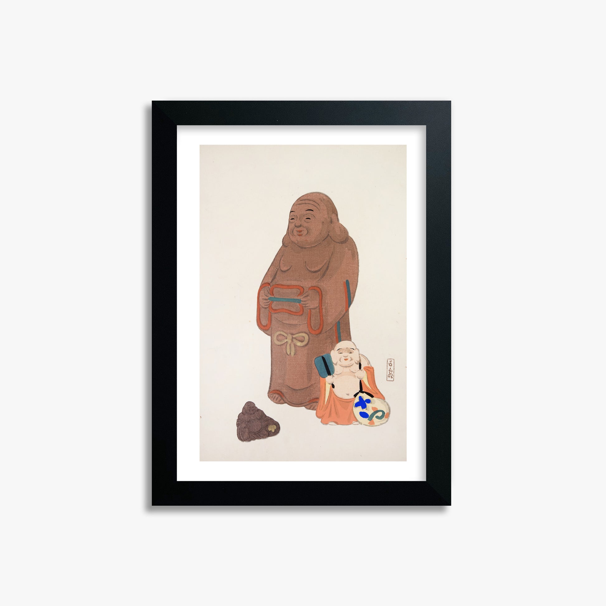 Kawasaki Kyosen: Kyosen’s Collected Illustrations of Japanese Toys Nr. 51 ("Serene Statues"), 21x30cm Framed Art Reproduction With Black Frame
