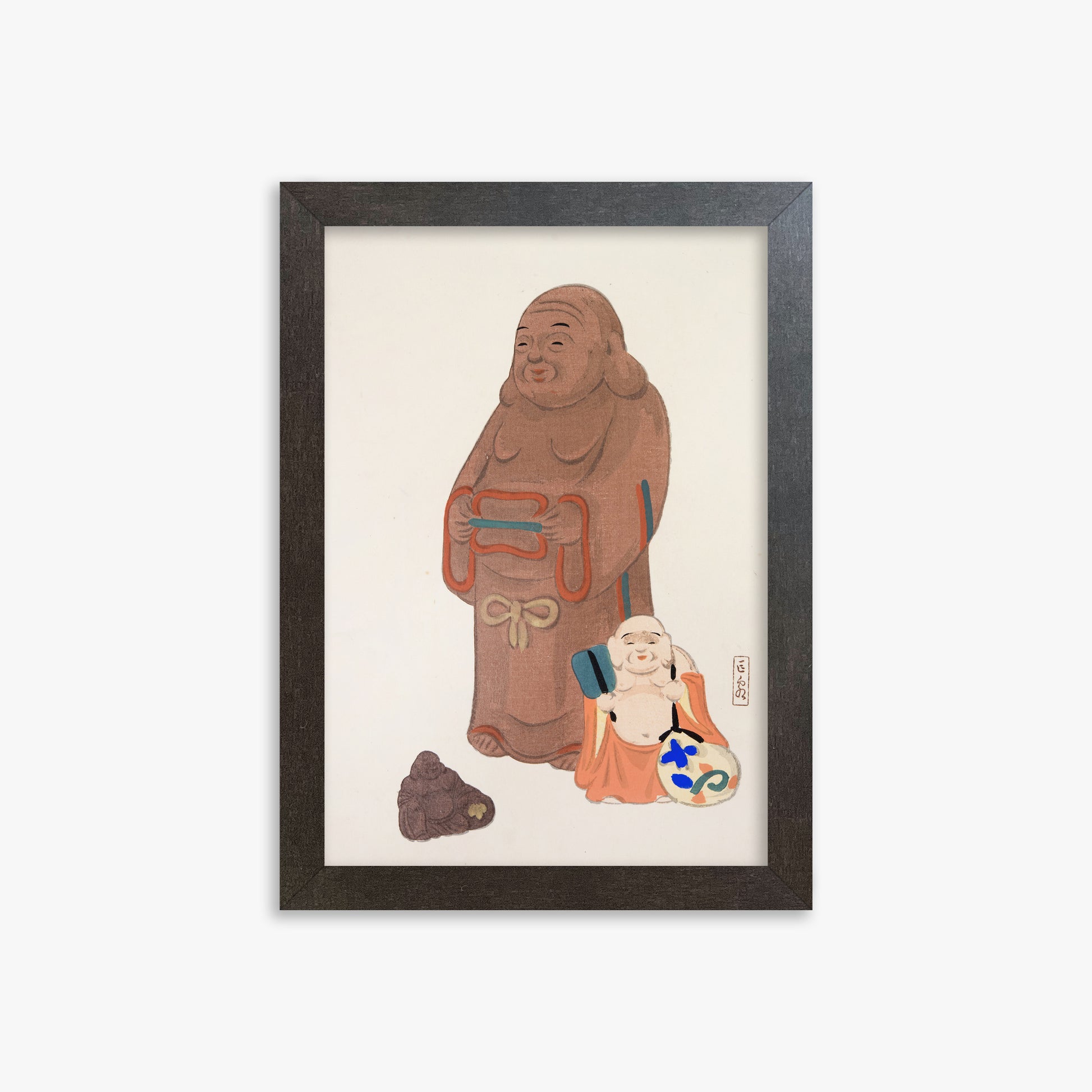Kawasaki Kyosen: Kyosen’s Collected Illustrations of Japanese Toys Nr. 51 ("Serene Statues"), 21x30cm Framed Art Reproduction With Espresso Frame