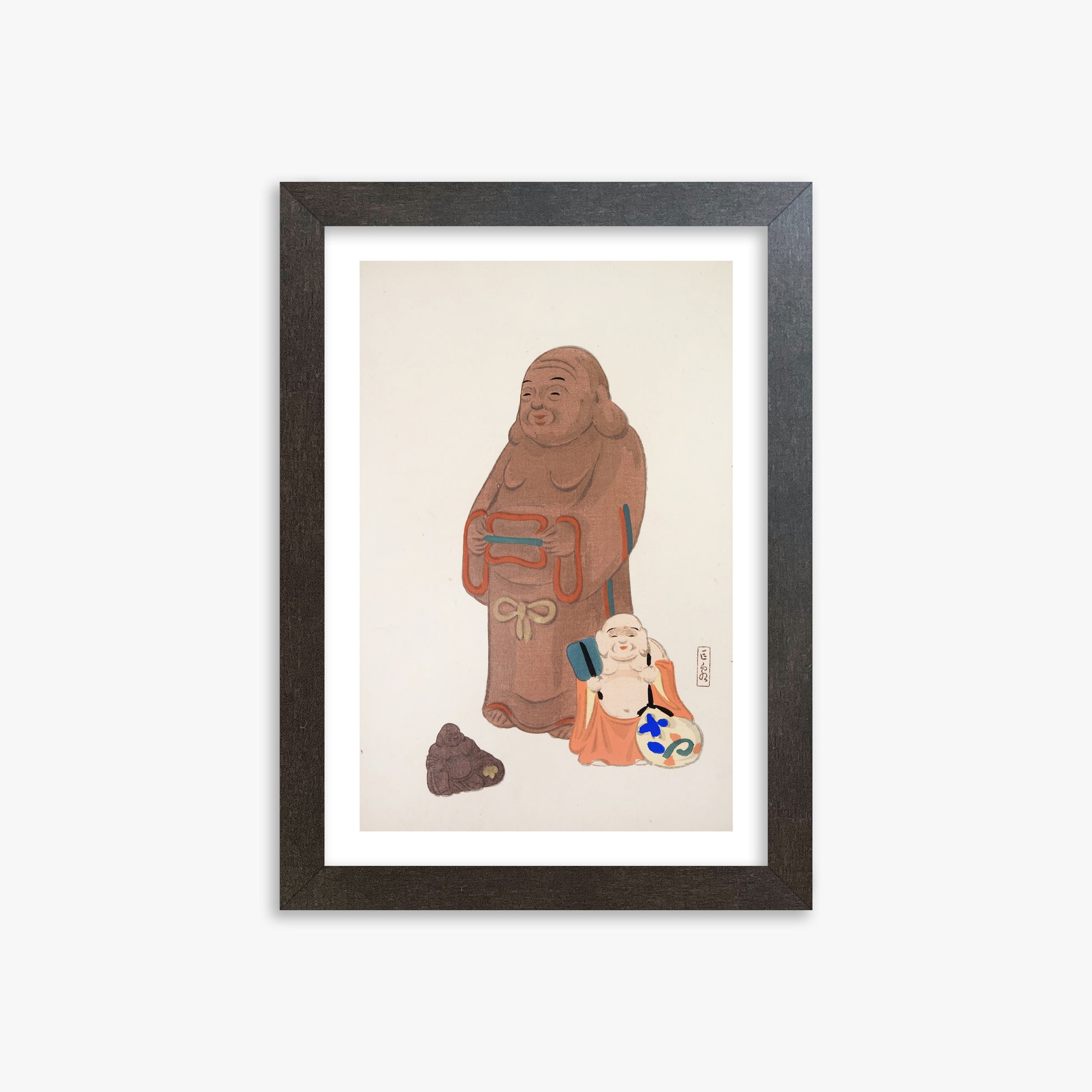 Kawasaki Kyosen: Kyosen’s Collected Illustrations of Japanese Toys Nr. 51 ("Serene Statues"), 21x30cm Framed Art Reproduction With Espresso Frame