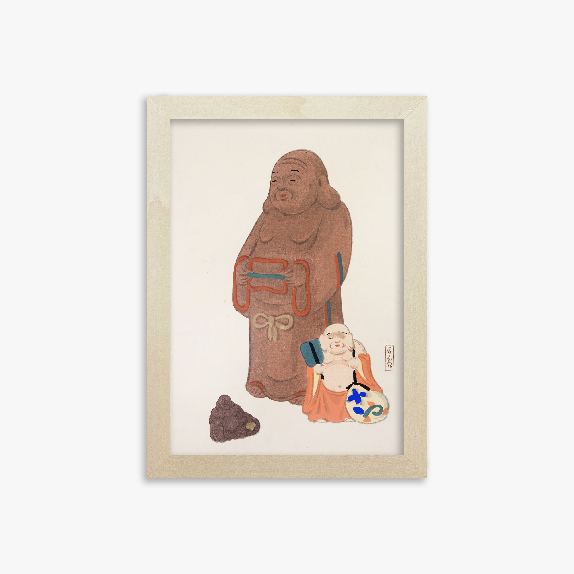 Kawasaki Kyosen: Kyosen’s Collected Illustrations of Japanese Toys Nr. 51 ("Serene Statues"), 21x30cm Framed Art Reproduction With Lime Wood Frame