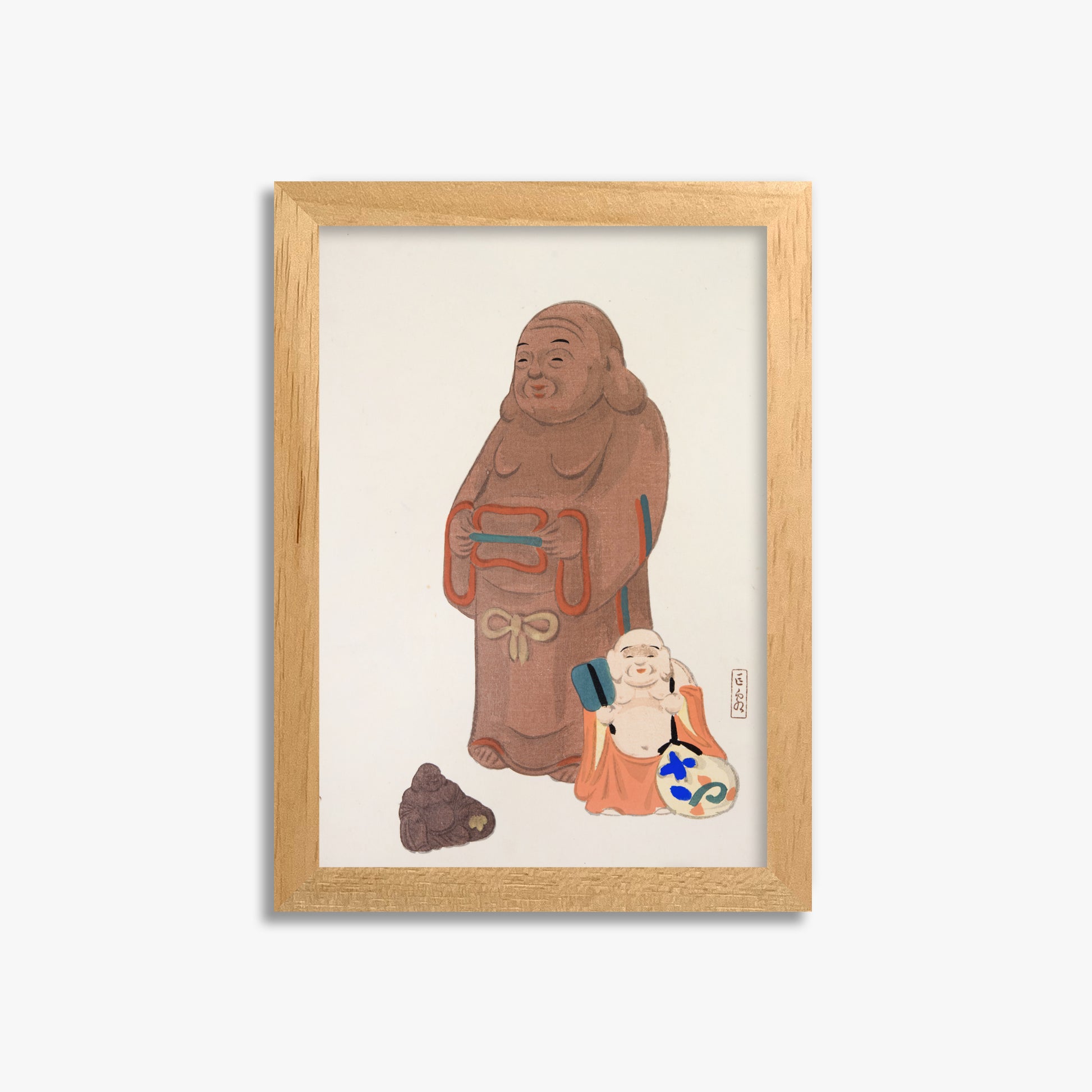 Kawasaki Kyosen: Kyosen’s Collected Illustrations of Japanese Toys Nr. 51 ("Serene Statues"), 21x30cm Framed Art Reproduction With Oak Frame